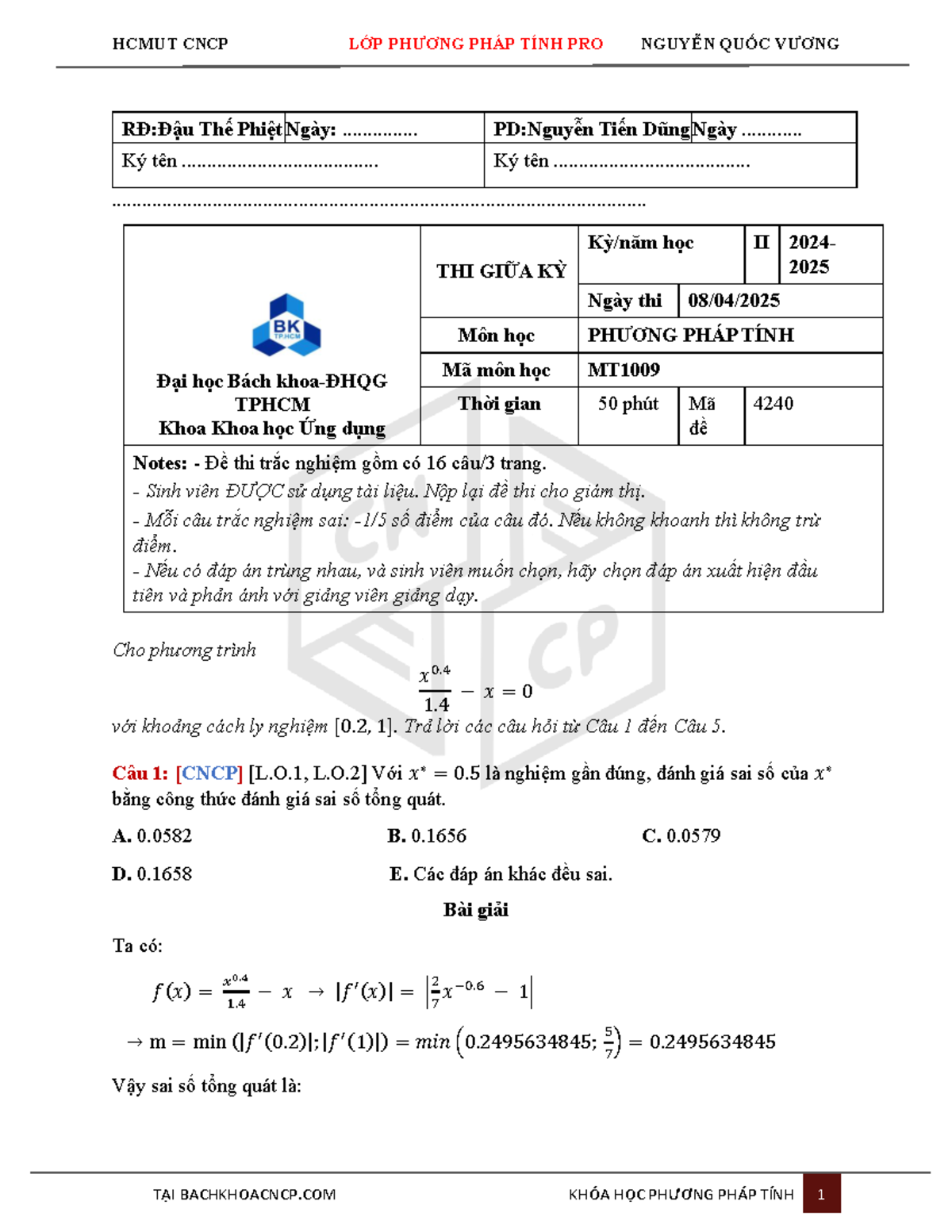 Giải Đề Thi Giữa Kỳ HCMUT CNCP Môn Phương Pháp Tính MT1009 - Studocu