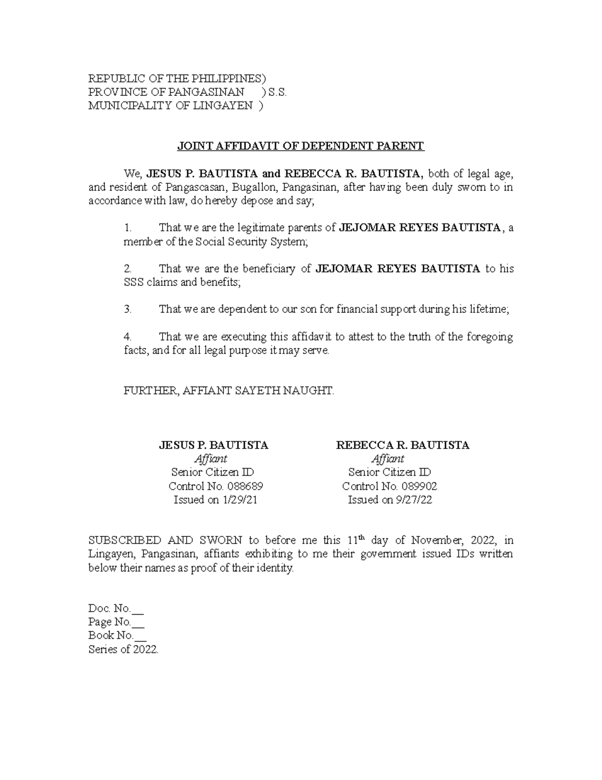 Joint Affidavit of Dependency - Pangasinan Province Documentation - Studocu