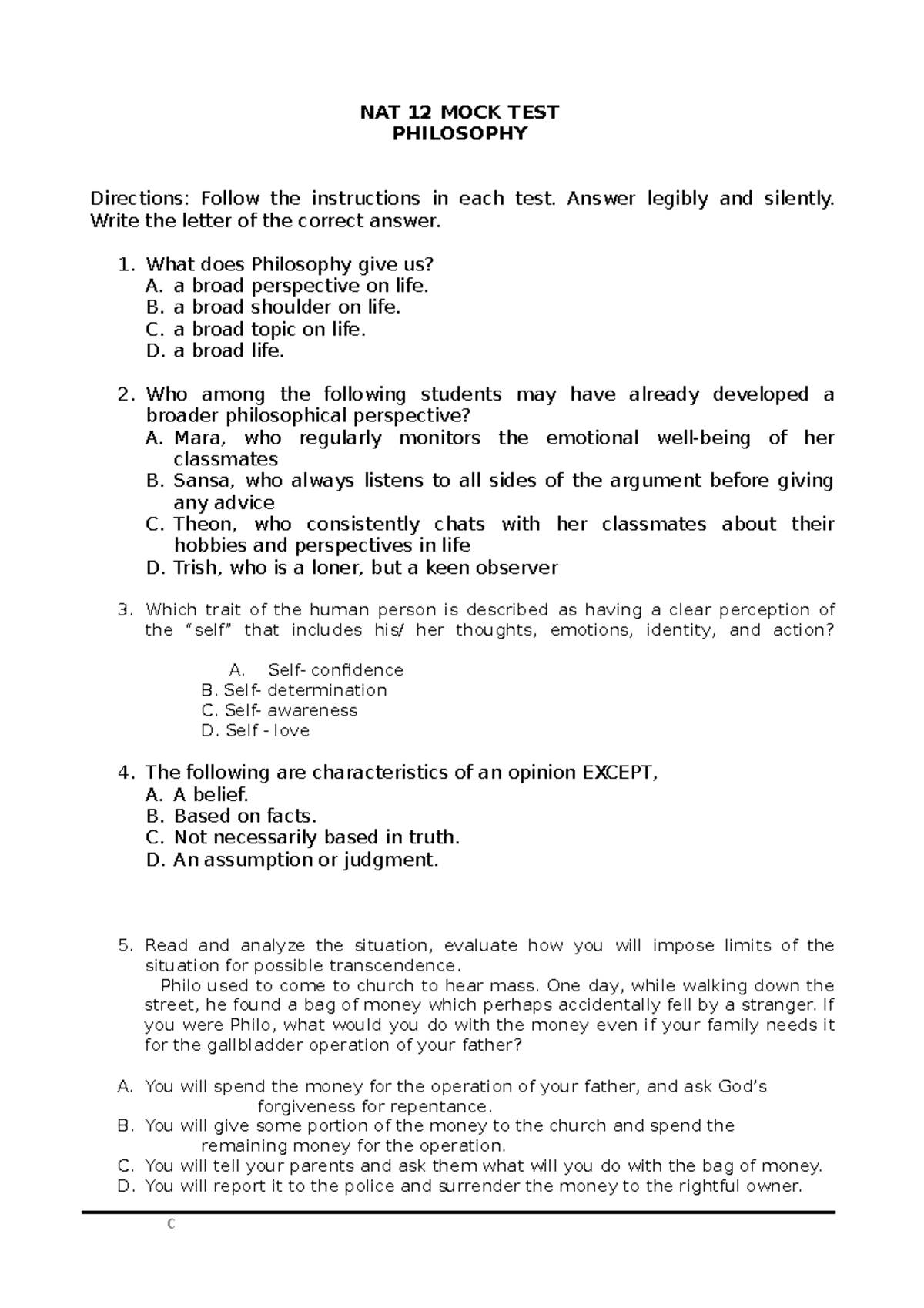 NAT 12 MOCK TEST - PHILOSOPHY: Comprehensive Exam Practice Questions ...
