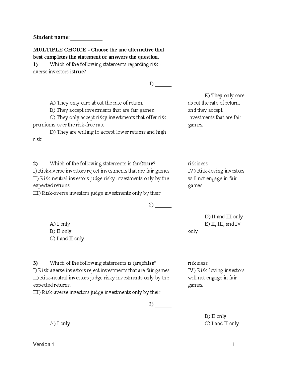 Chapter 6 version 1 - Student name:__________ MULTIPLE CHOICE - Choose ...