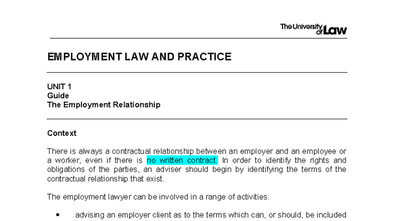 Employment Law and Practice Unit 1: Understanding the Employment ...