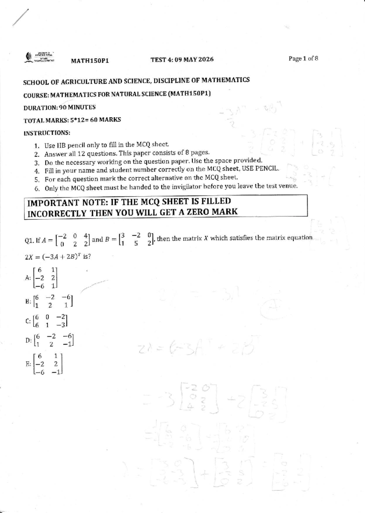 MATH150P1 Test 4: Mathematics for Natural Science Exam Notes - Studocu