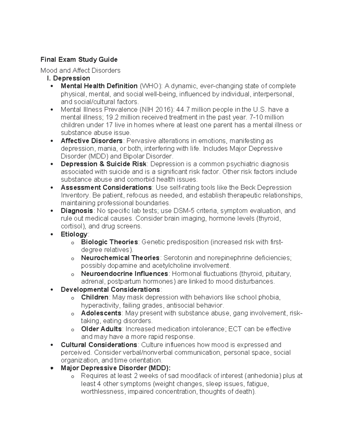 N3 Final exam study guide on mood and affect disorders - Studocu