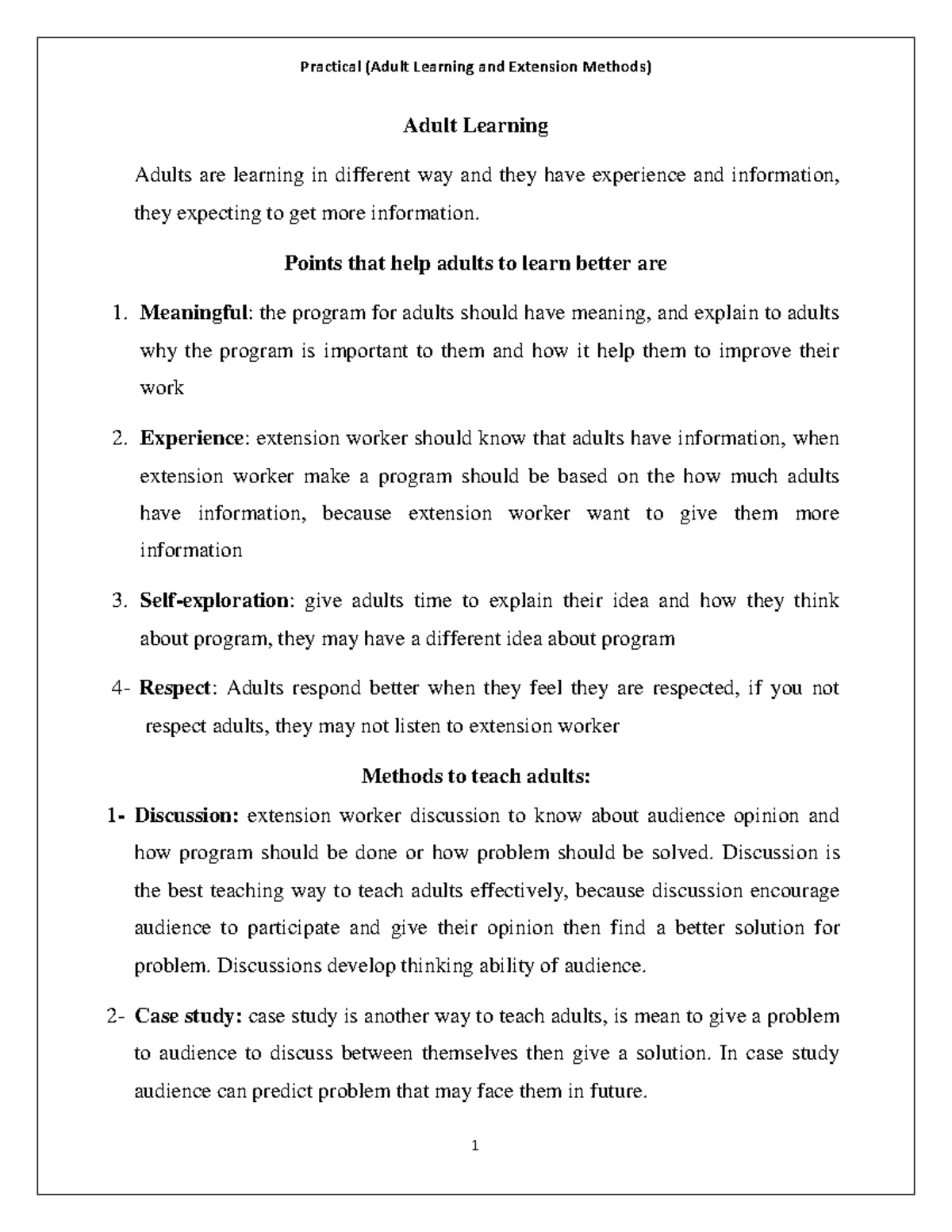 Practical (Adult Learning and Extension Methods) Lecture Notes - Studocu