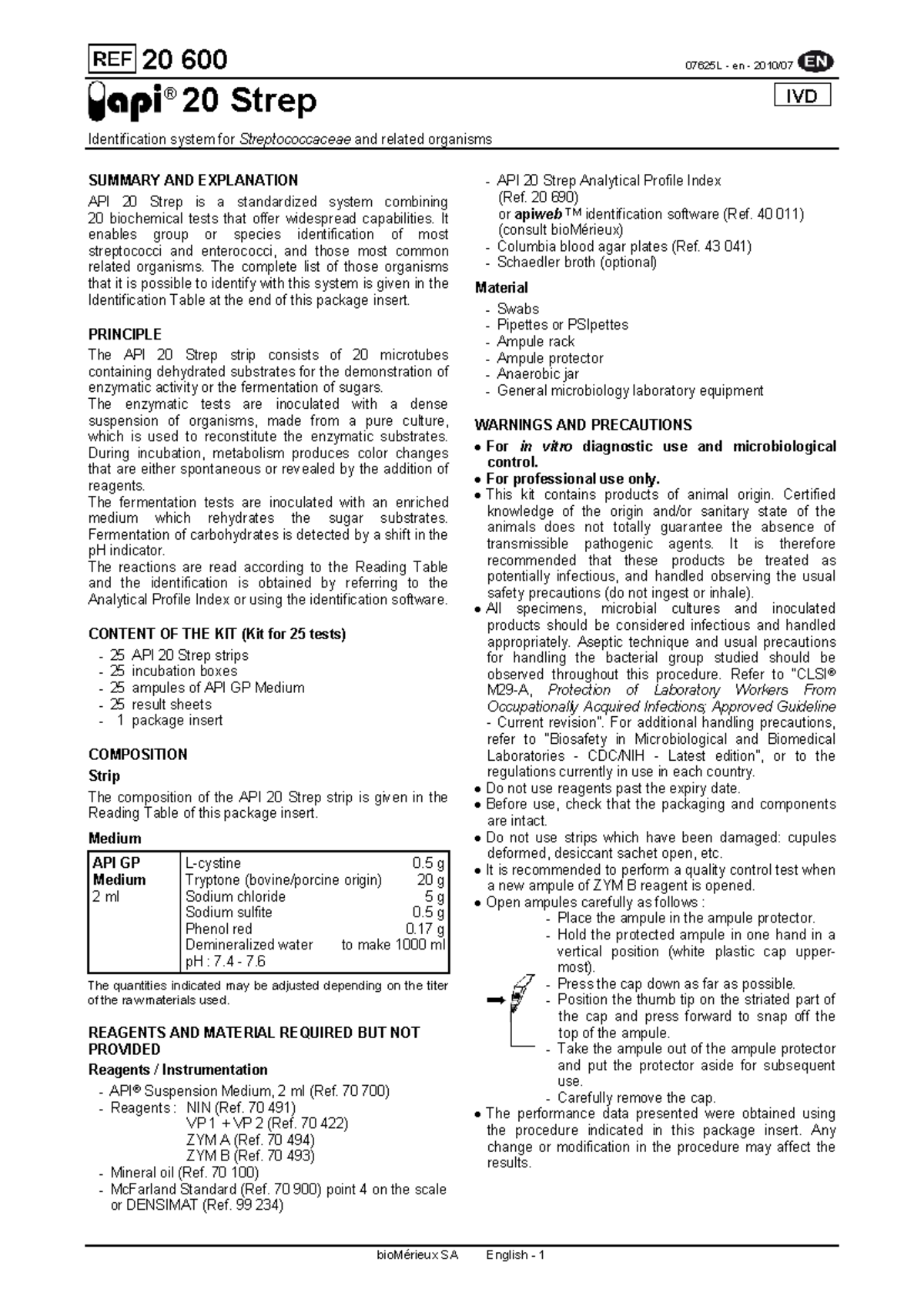 API 20 Strep IVD Identification System Summary (20 600 07625L) - Studocu