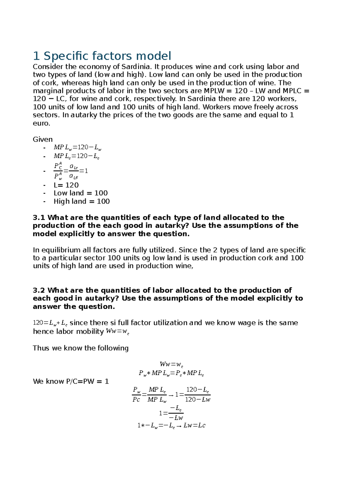 Exercise 2 IE - 1 Specific factors model Consider the economy of ...