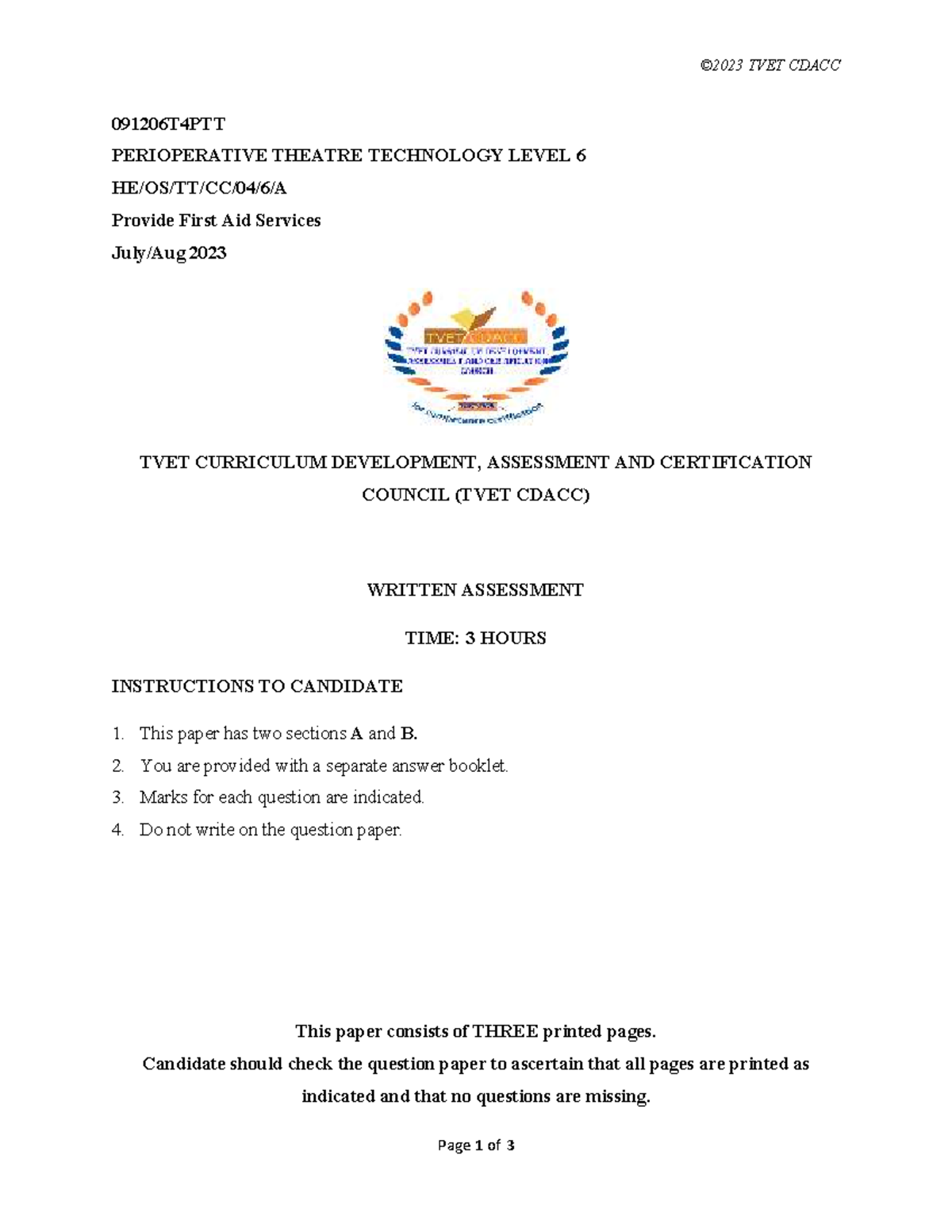 TVET CDACC 091206T4PTT Level 6 First Aid Services Assessment 2023 - Studocu