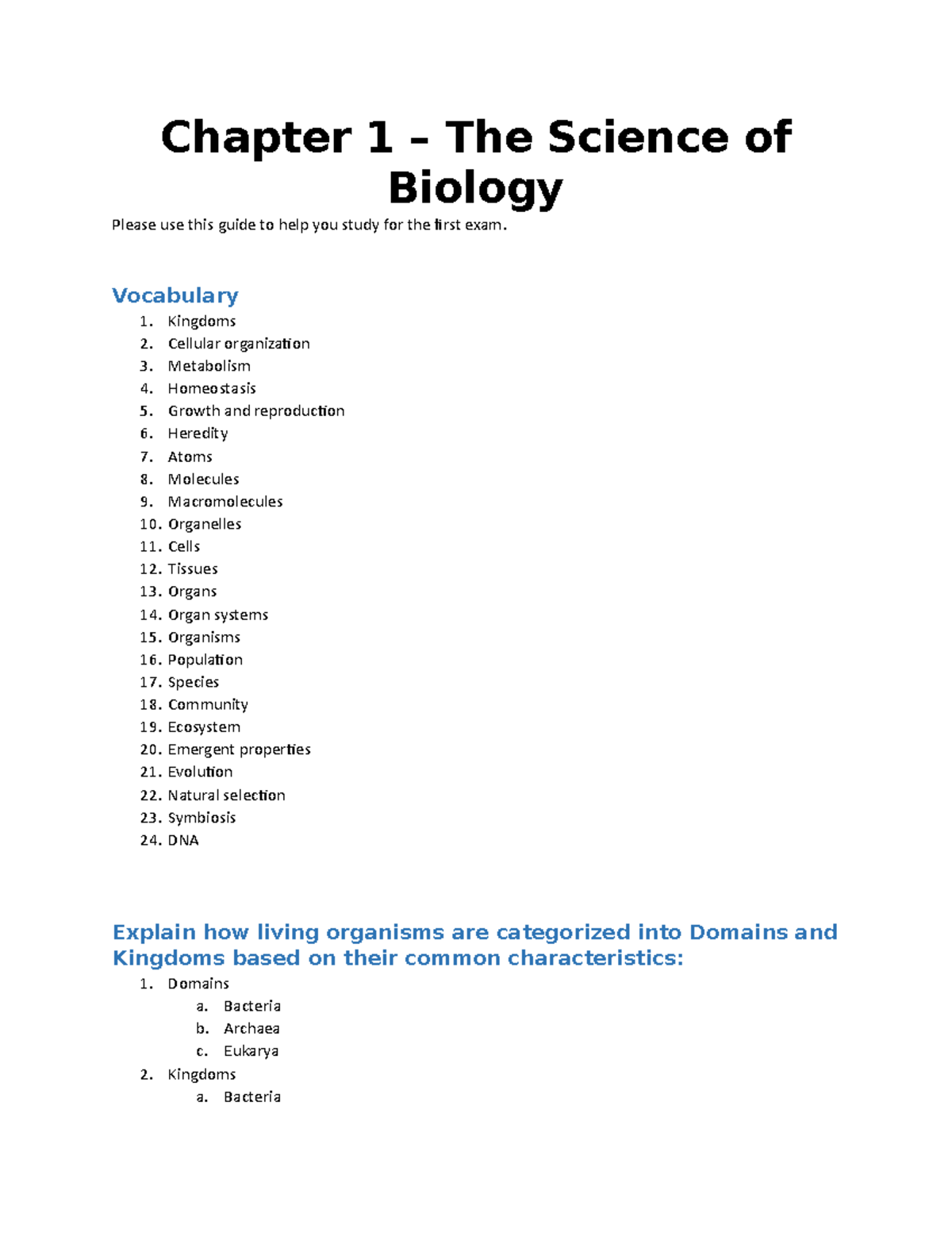 Biology 101: Chapter 1 Study Guide for First Exam Prep - Studocu