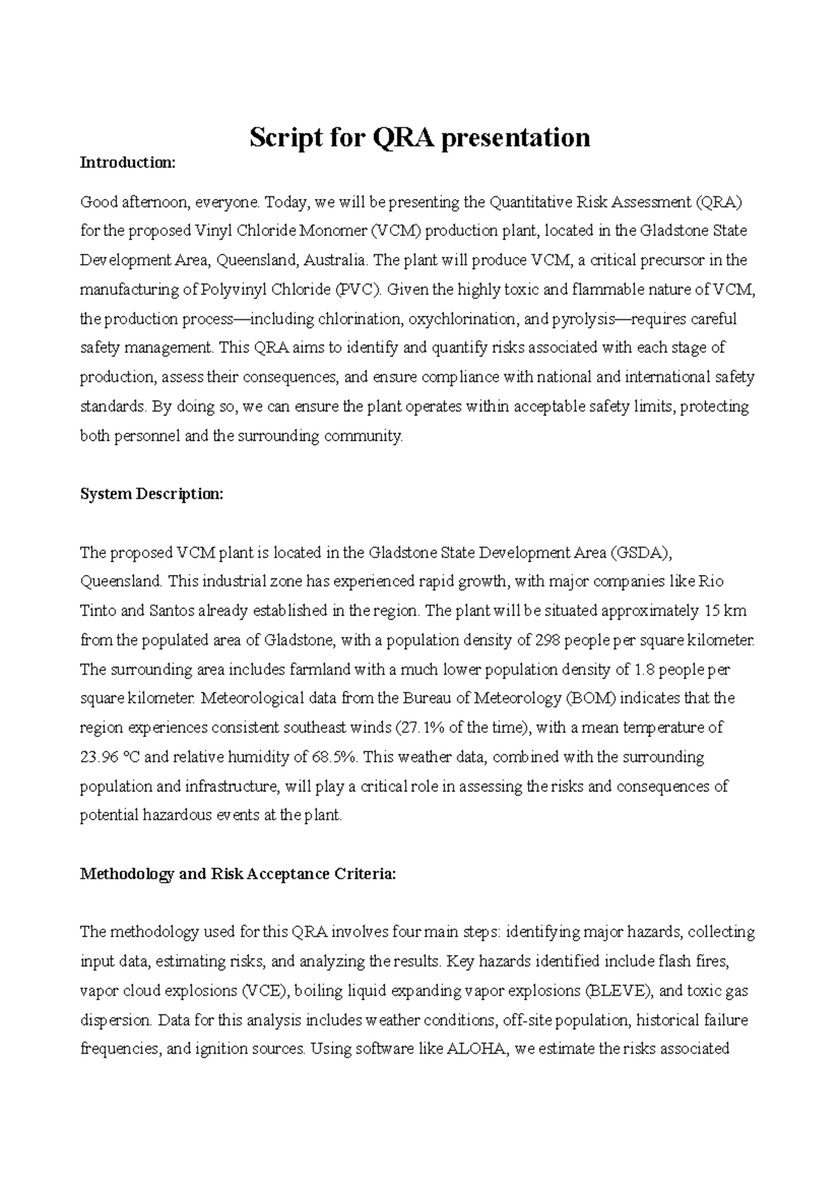 Script for QRA presentation - Script for QRA presentation Introduction ...