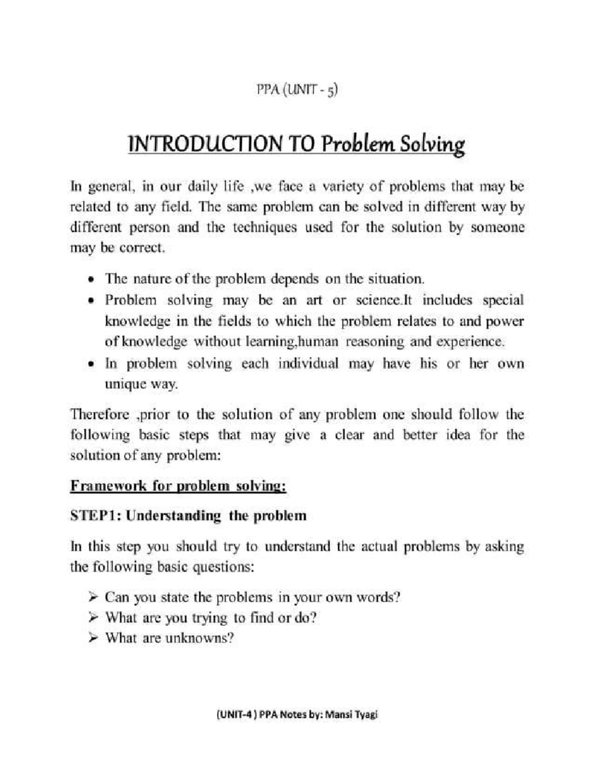 PPA (UNIT 5) Problem Solving Techniques and Frameworks - Studocu
