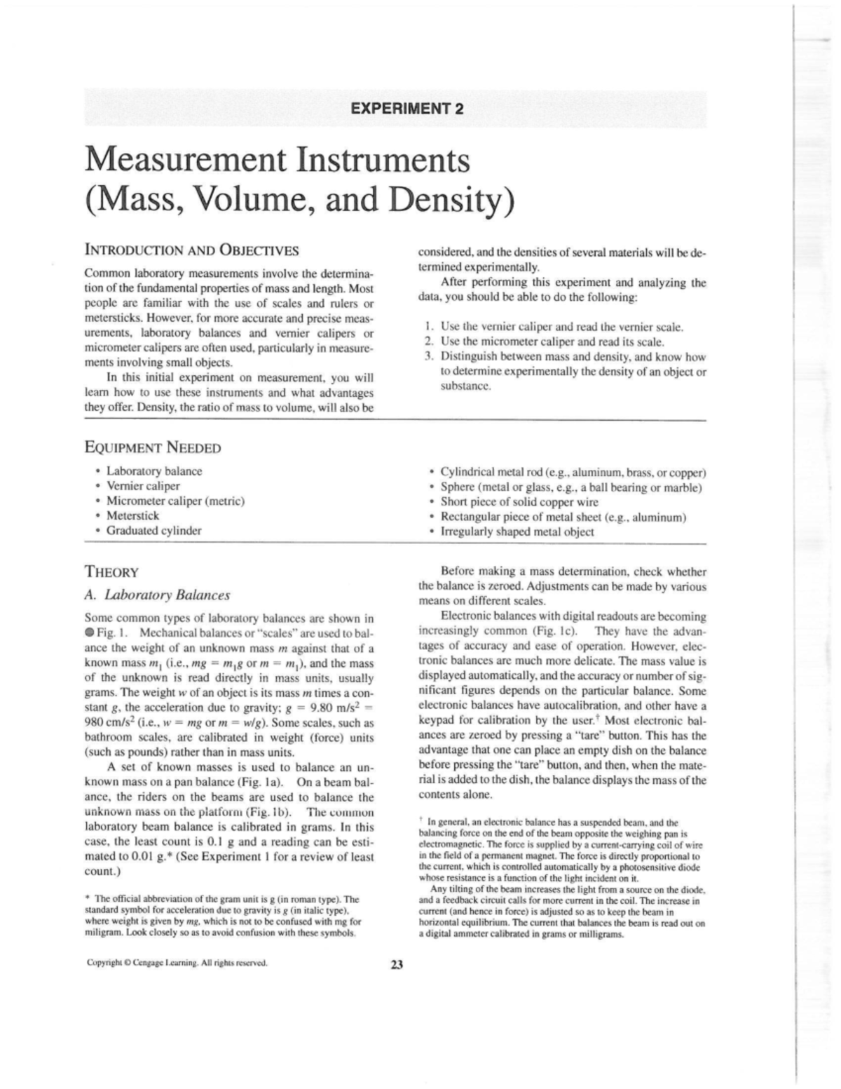 LT01 Experiment 2: Measurement Instruments (Mass, Volume, Density ...