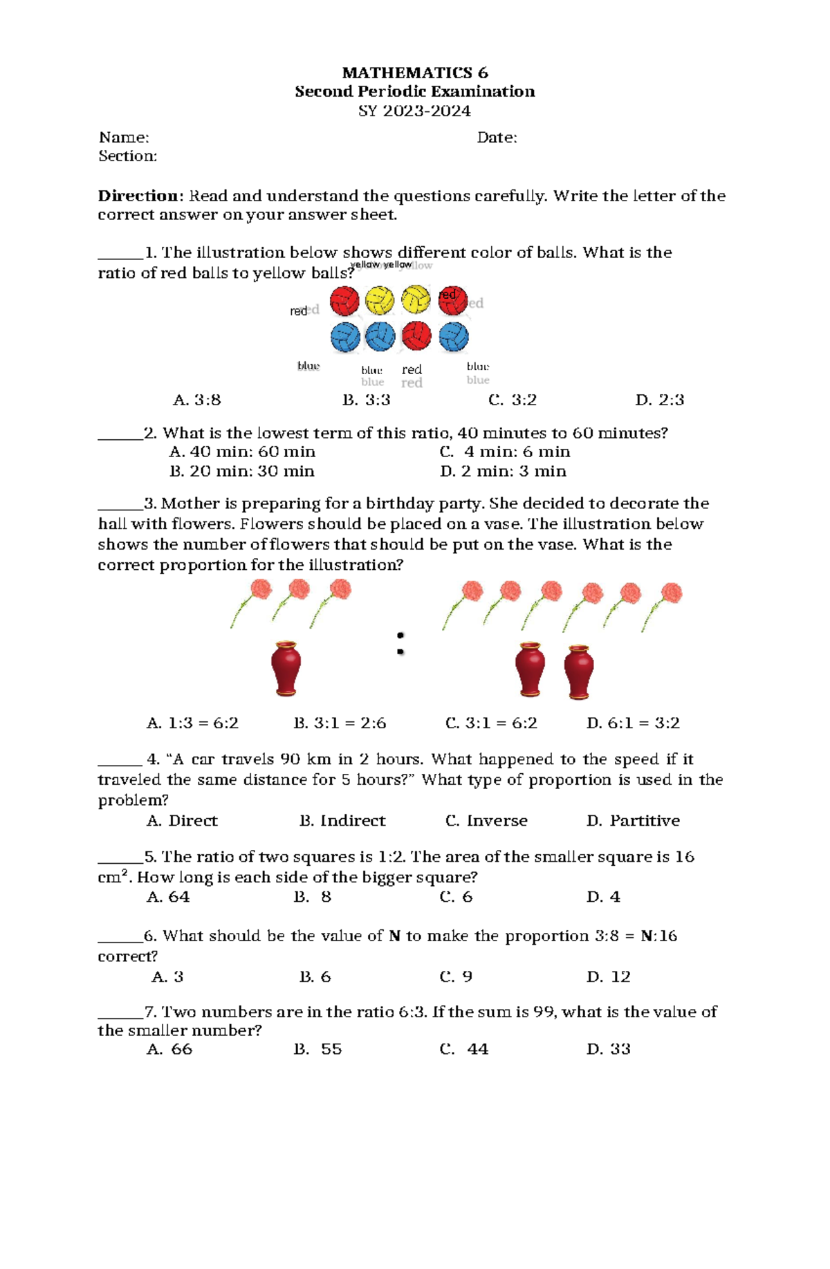MATH 6 Second Periodic Exam Q2 - Practice Test - Studocu