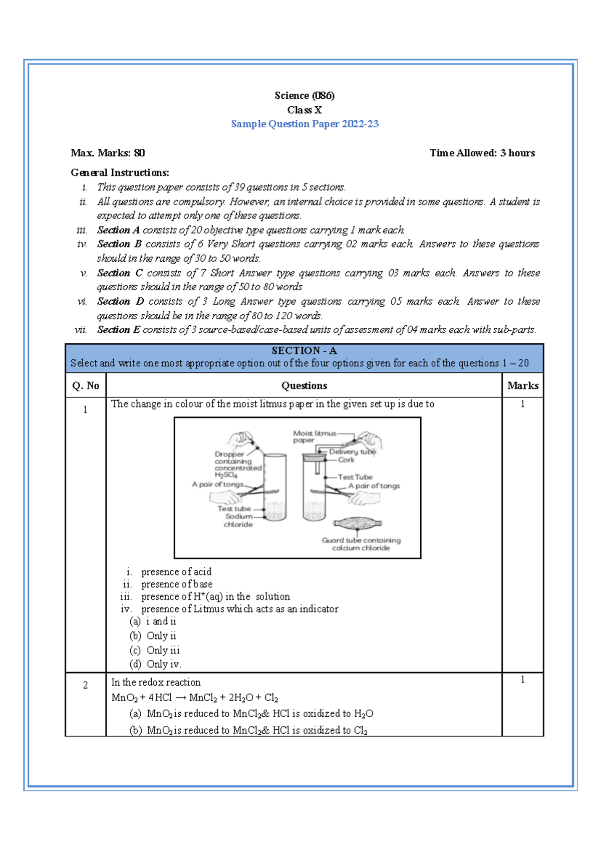 Science Sample Question Paper 086 Class X for 2022-23 - Studocu
