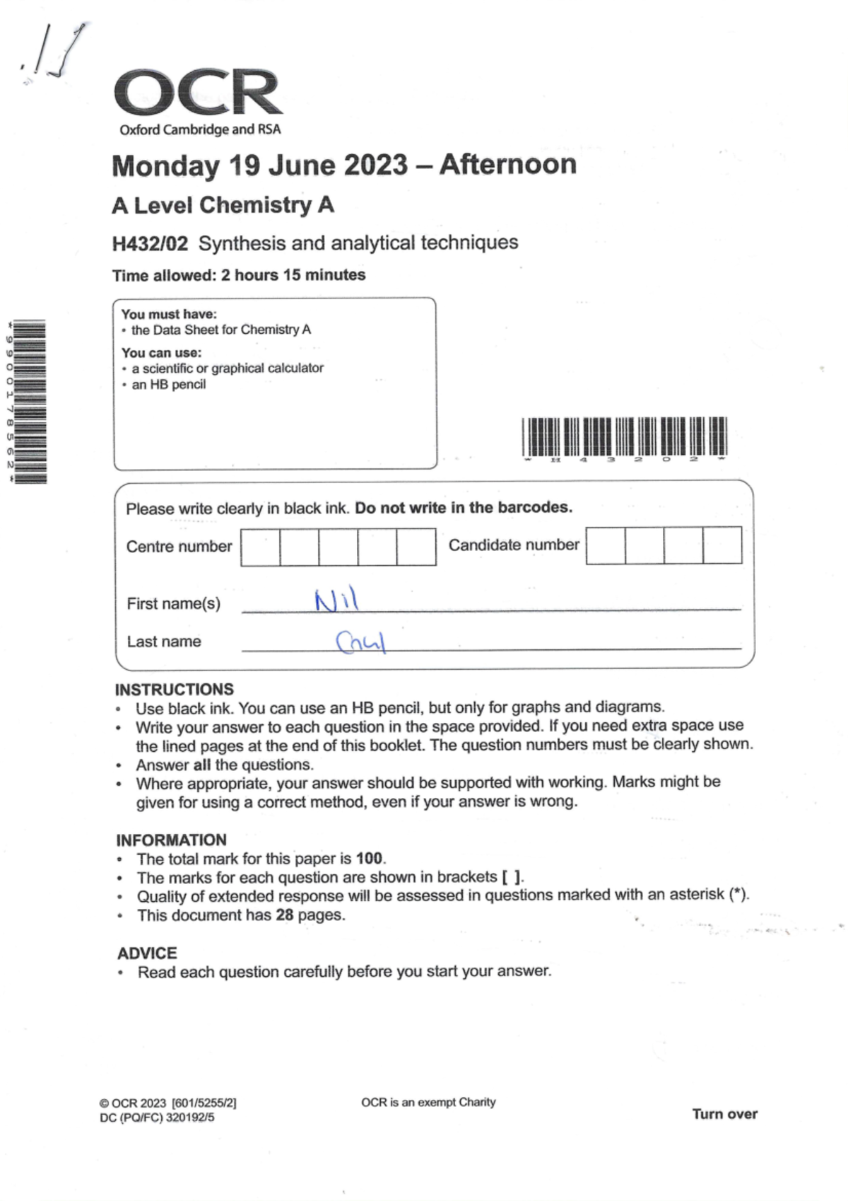 A Level Chemistry Paper 2 - Nil Exam Instructions and Sample Questions ...