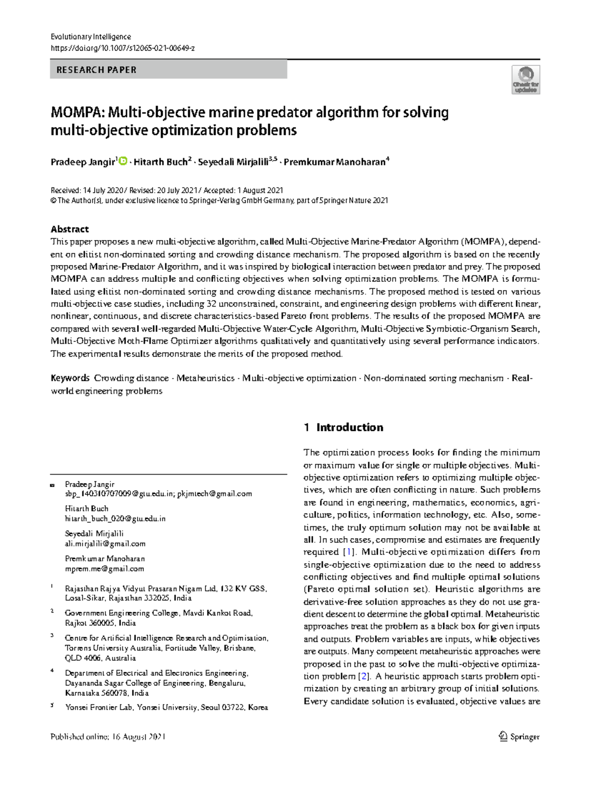 Multi-objective marine predator algorithm (MOMPA) for optimization ...