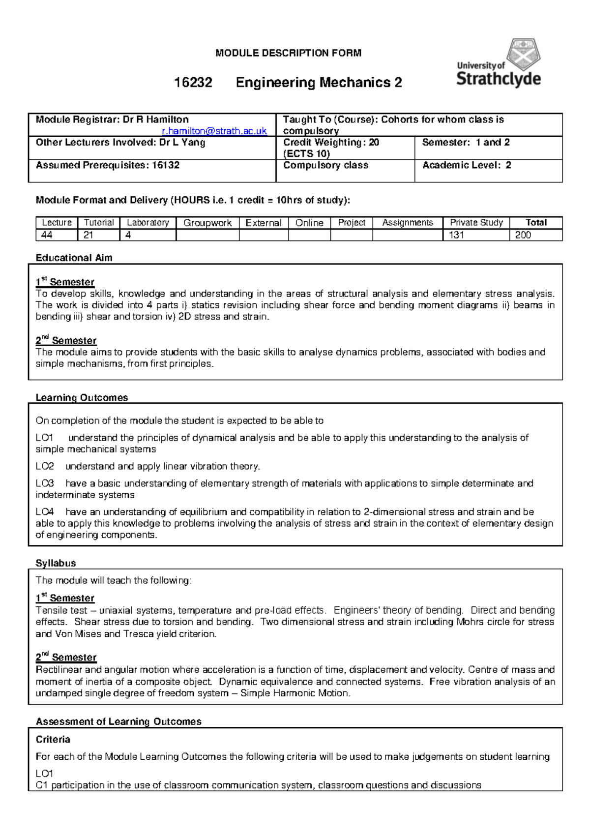 16232 - Engineering Mechanics 2 Course Overview and Assessment Guide ...