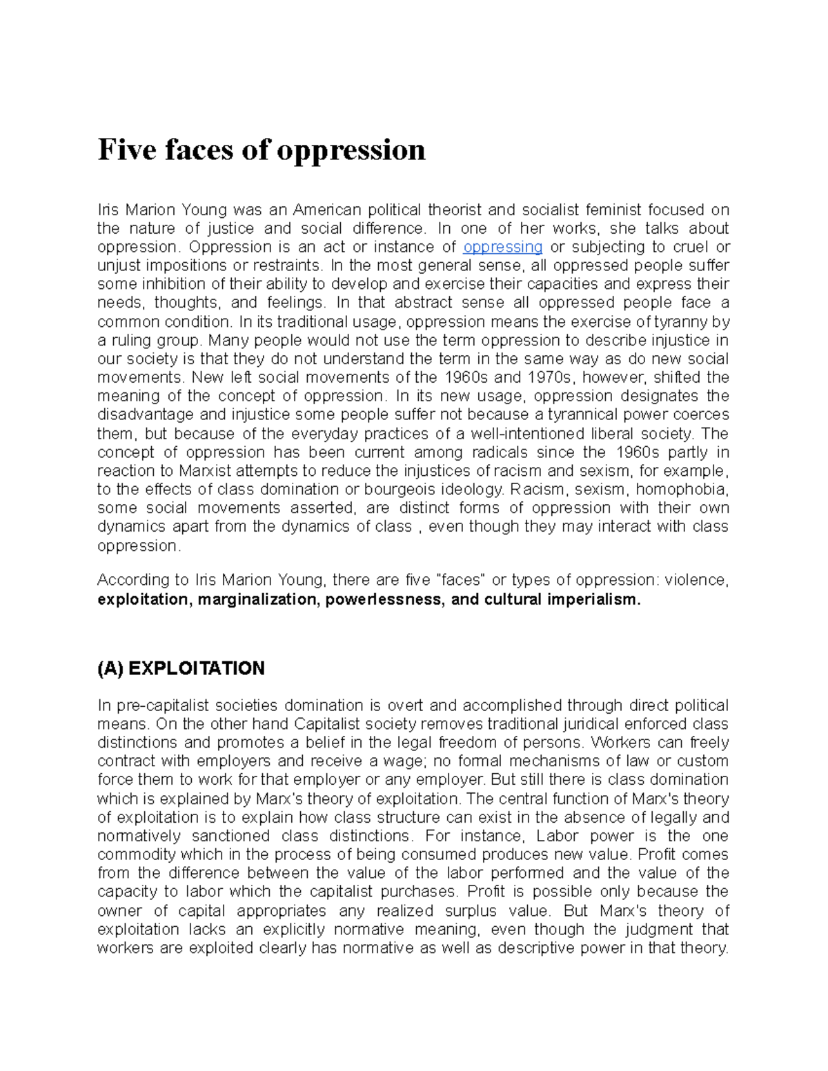 Iris Marion Young: Five Faces of Oppression Explained - Studocu