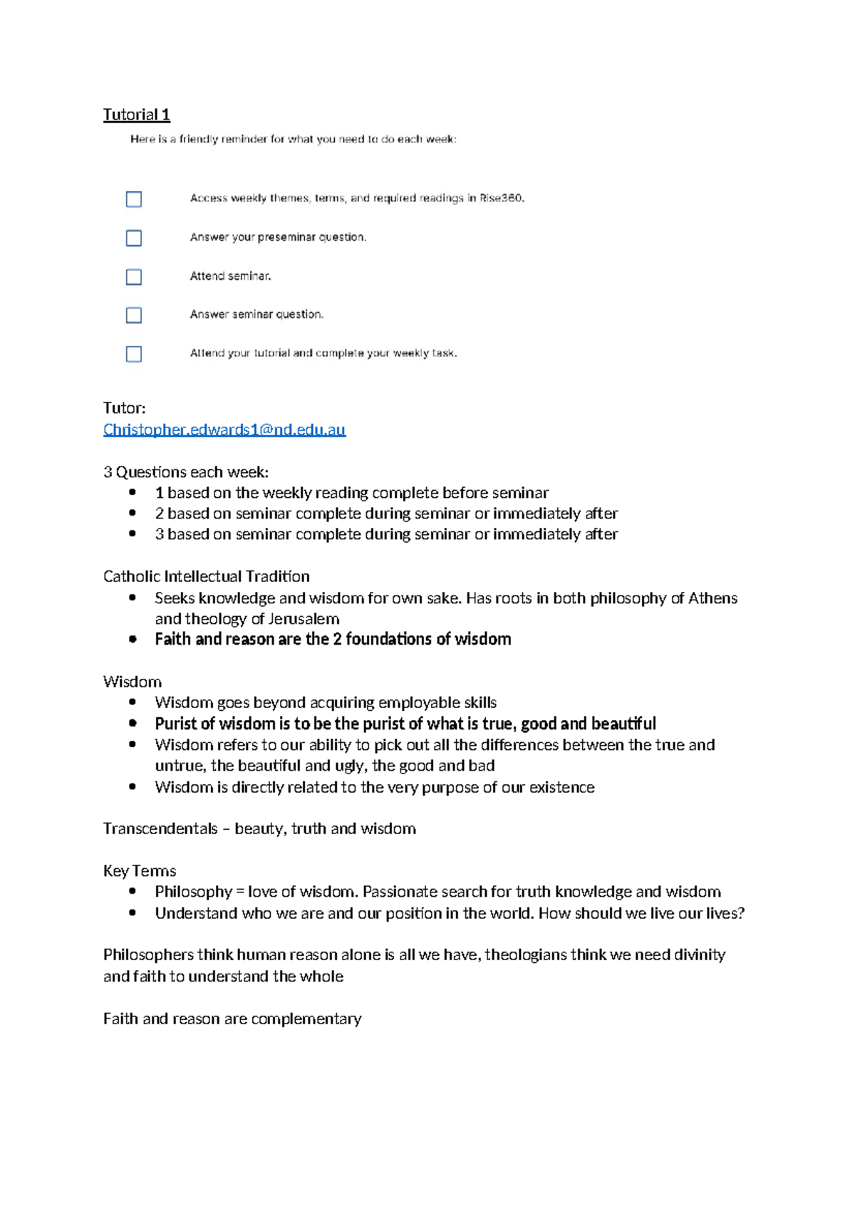 Week 1 - week 1 lecture/tut notes - Tutorial 1 Tutor: Christopher@nd ...