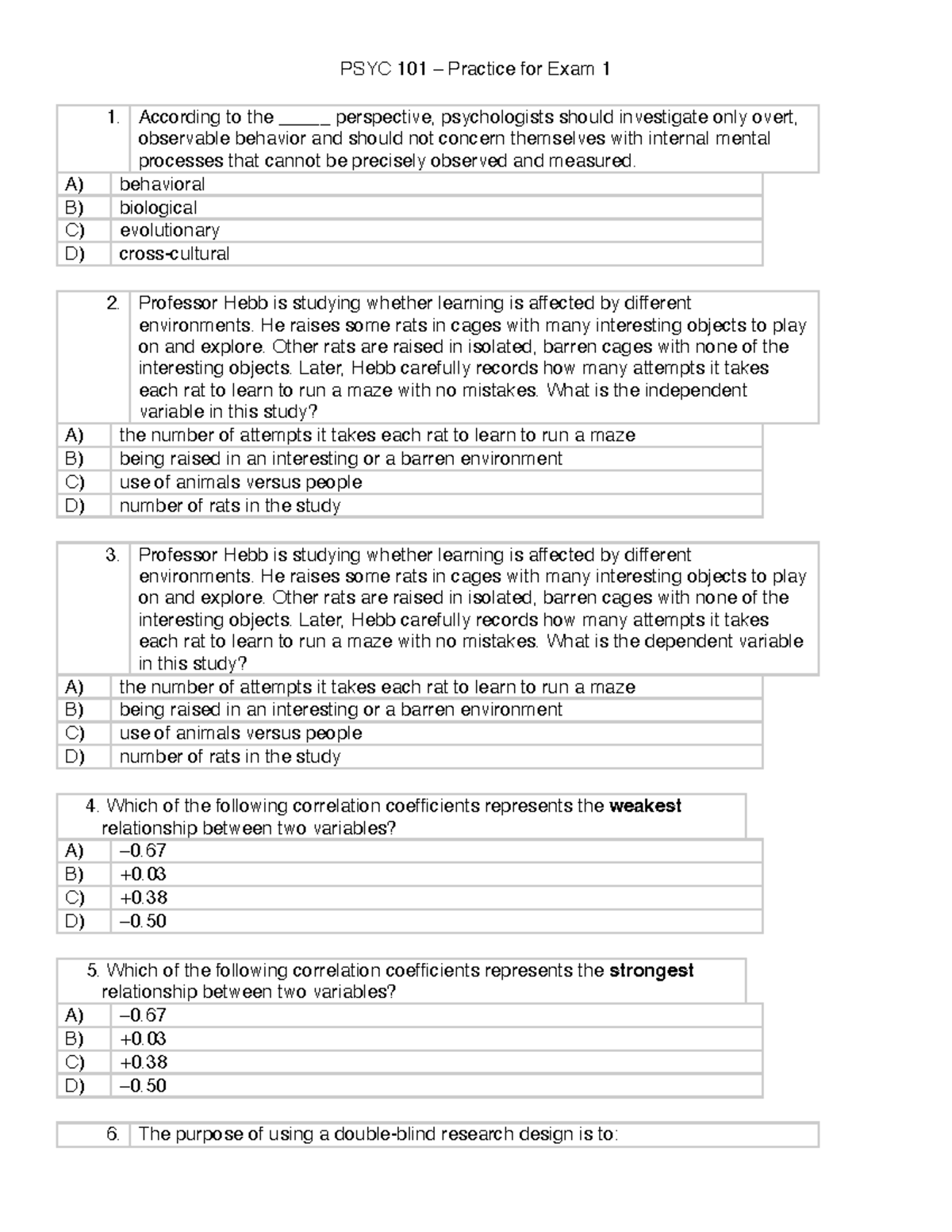 PSYC 101 - Final Exam 1 Practice Questions and Answers - Studocu