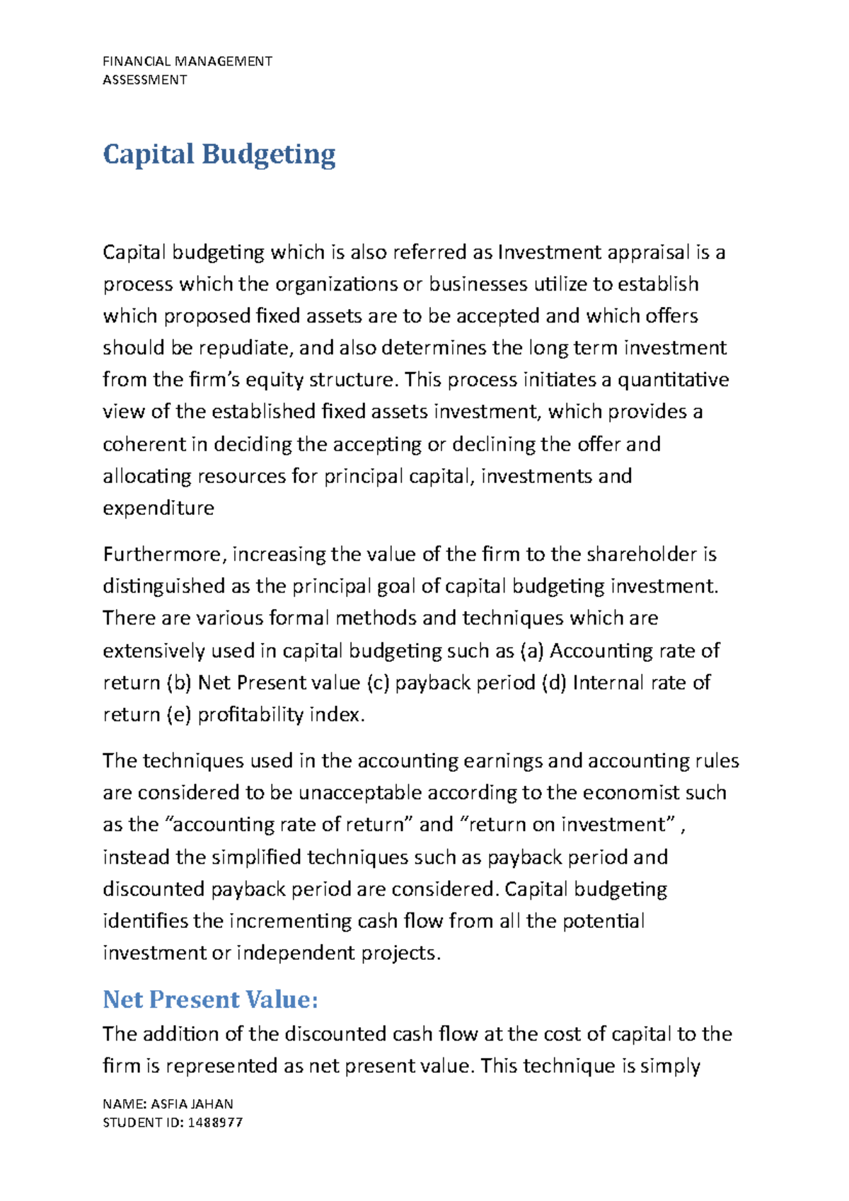 Financial Management - ASSESSMENT Capital Budgeting Capital budgeing ...