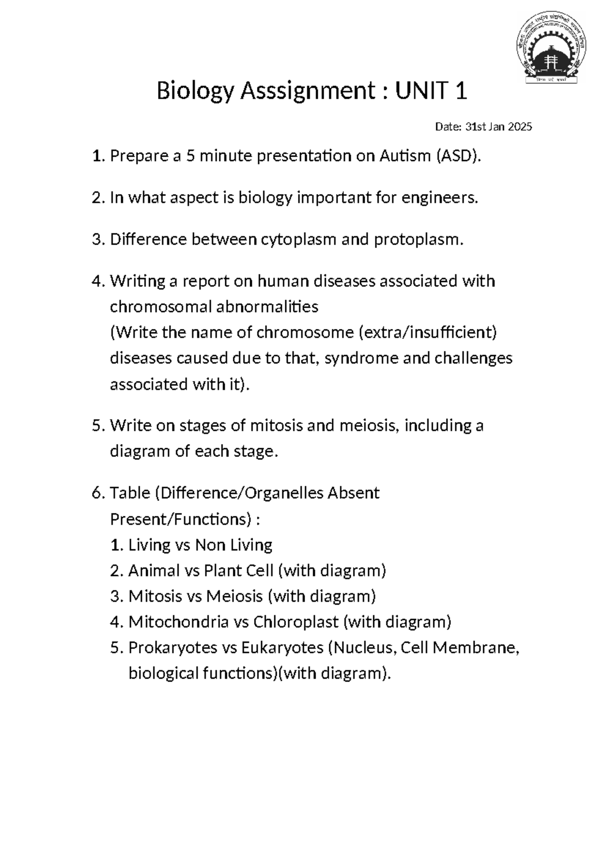 Biology Assignment: Unit 1 Overview and Key Concepts - Studocu