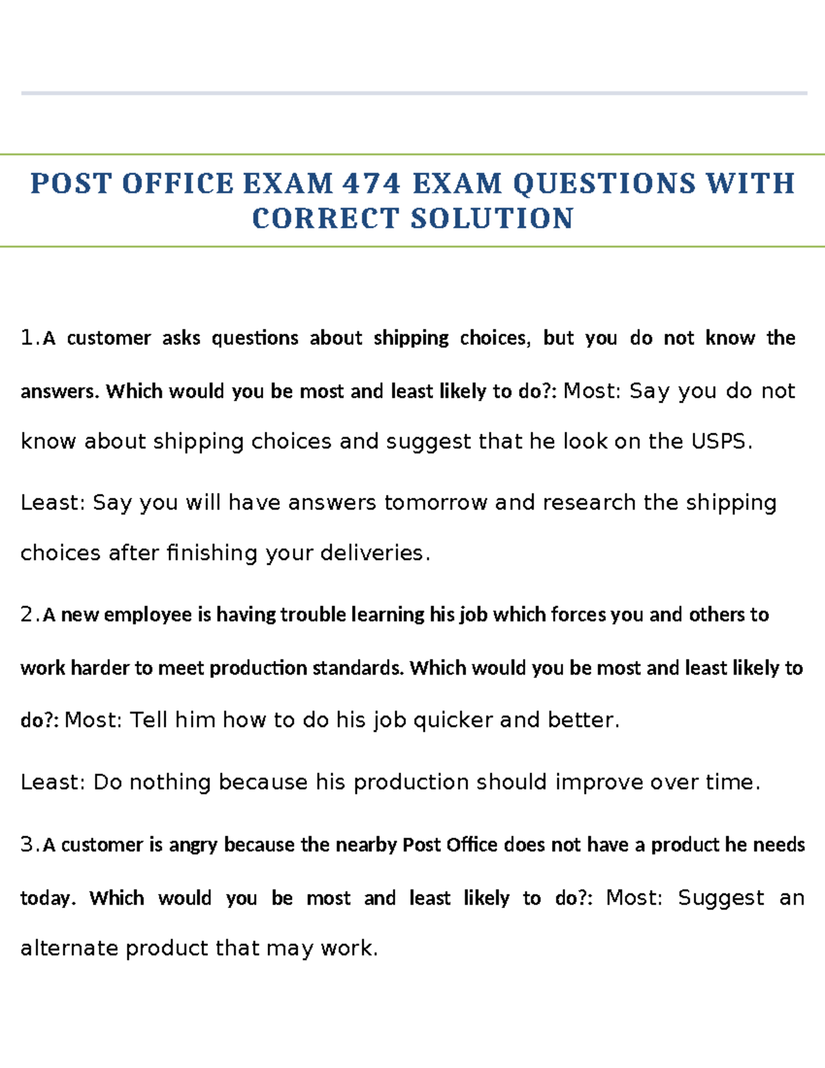 Post office exam 474 exam questions with correct solution - POST OFFICE ...