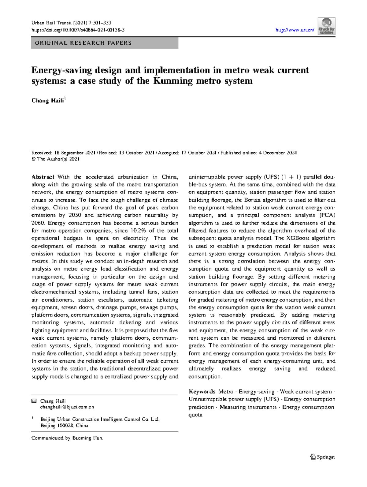 Urban Rail Transit (2021) Case Study on Energy-Saving in Kunming Metro ...