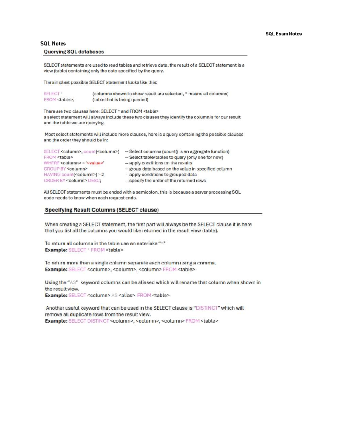 SQL Exam Notes: Key Concepts and Query Strategies - Studocu