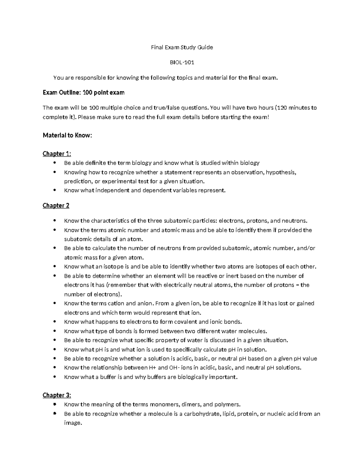 Final Exam Study Guide for BIOL-101: Key Topics & Concepts - Studocu
