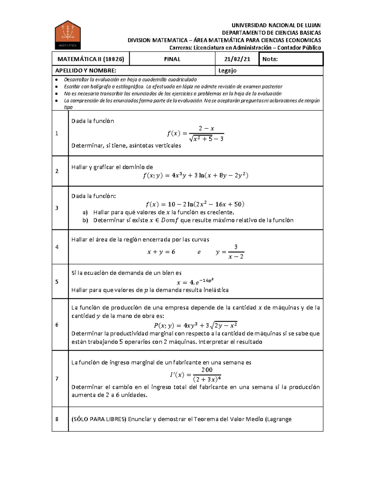 Matemática II (10026) - Final Exam Study Guide - Studocu