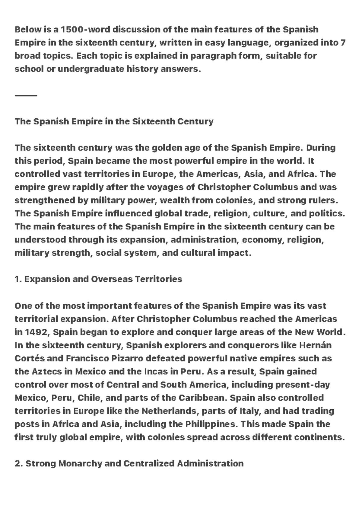 Main Features of the Spanish Empire in the 16th Century: A ...