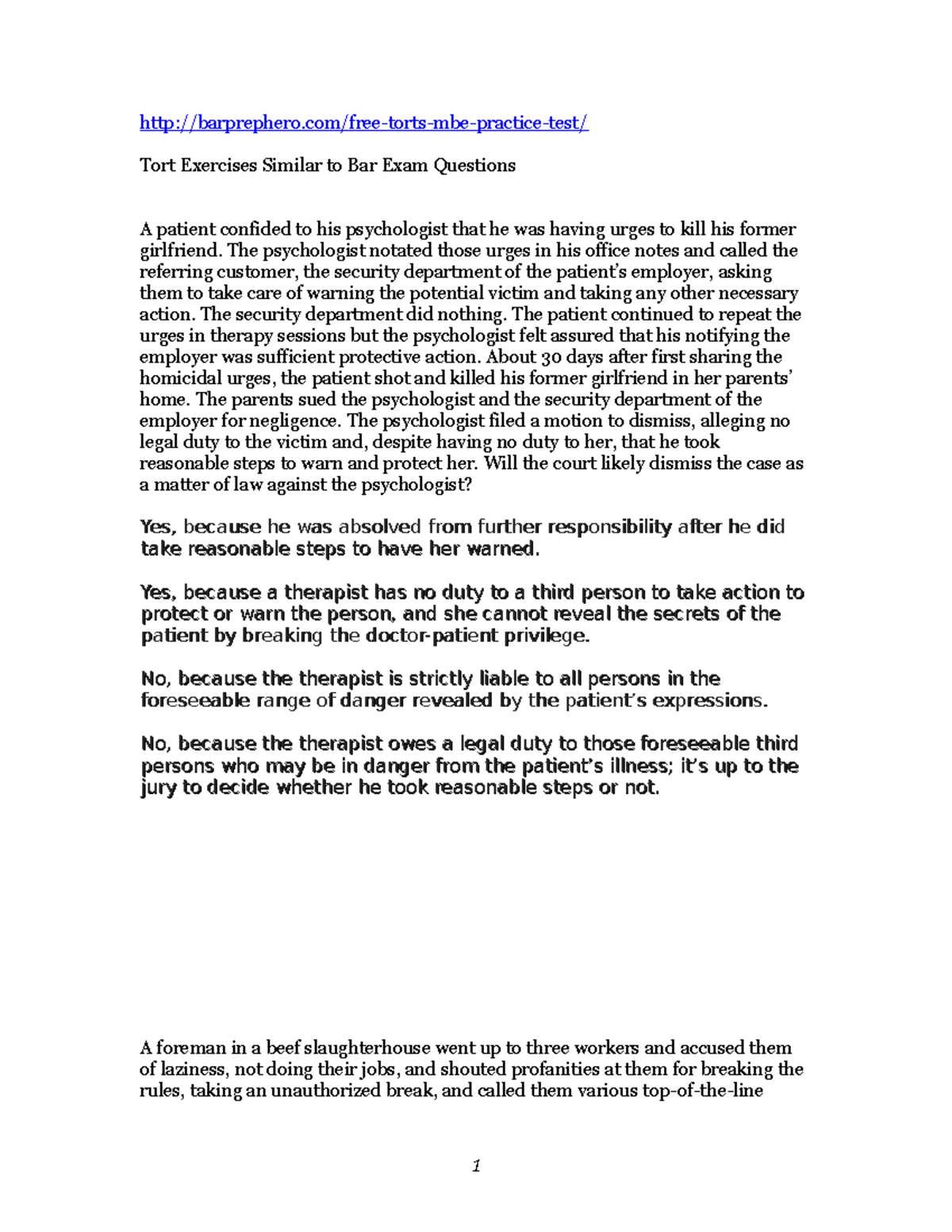 Bar Prep Hero Torts Final Exam Practice Questions and Answers - Studocu