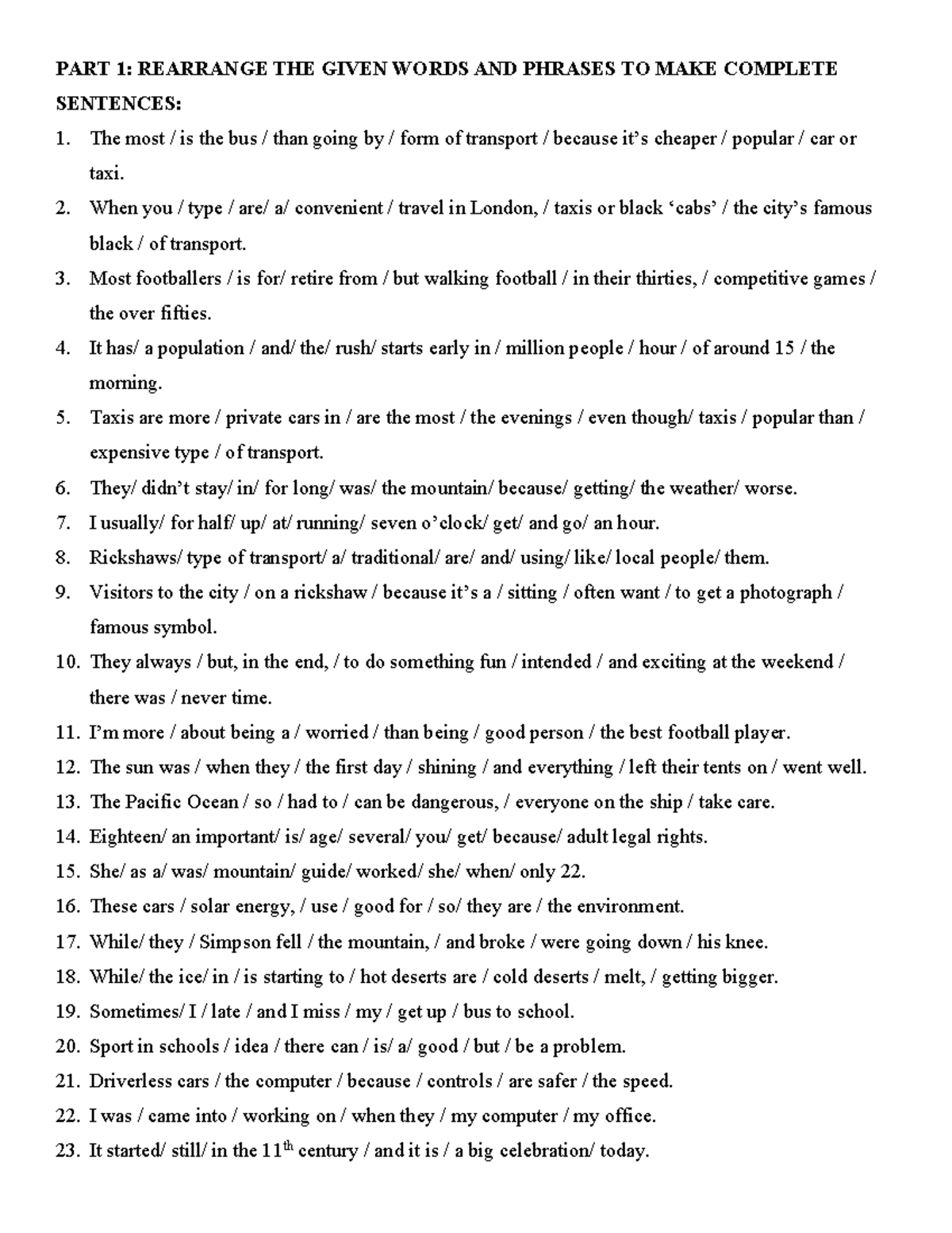 Part 1: Sentence Rearrangement Practice for English Language Skills ...