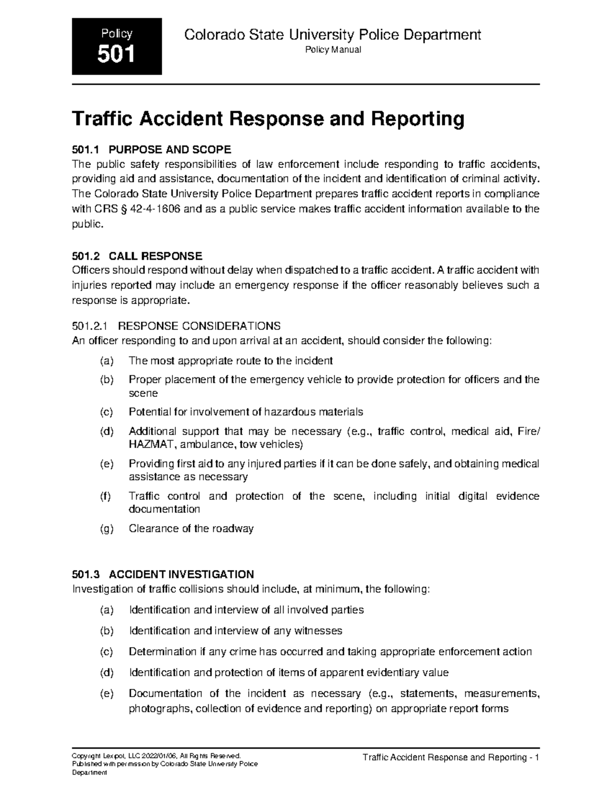 501 Traffic Accident Response Reporting - Policy 501 Colorado State ...