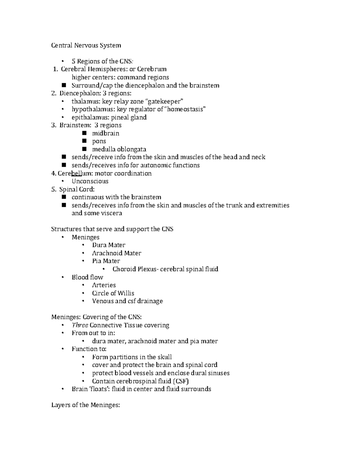 CNS Anatomy and Physiology Overview - Lecture Notes (BIO 101) - Studocu