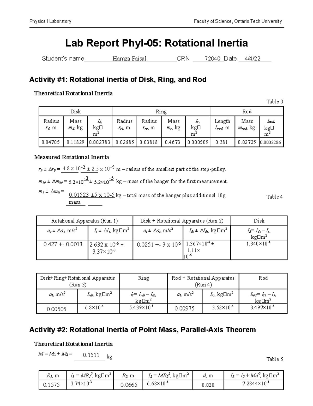 Lab Report PhyI-05: Analyzing Rotational Inertia of Various Objects ...