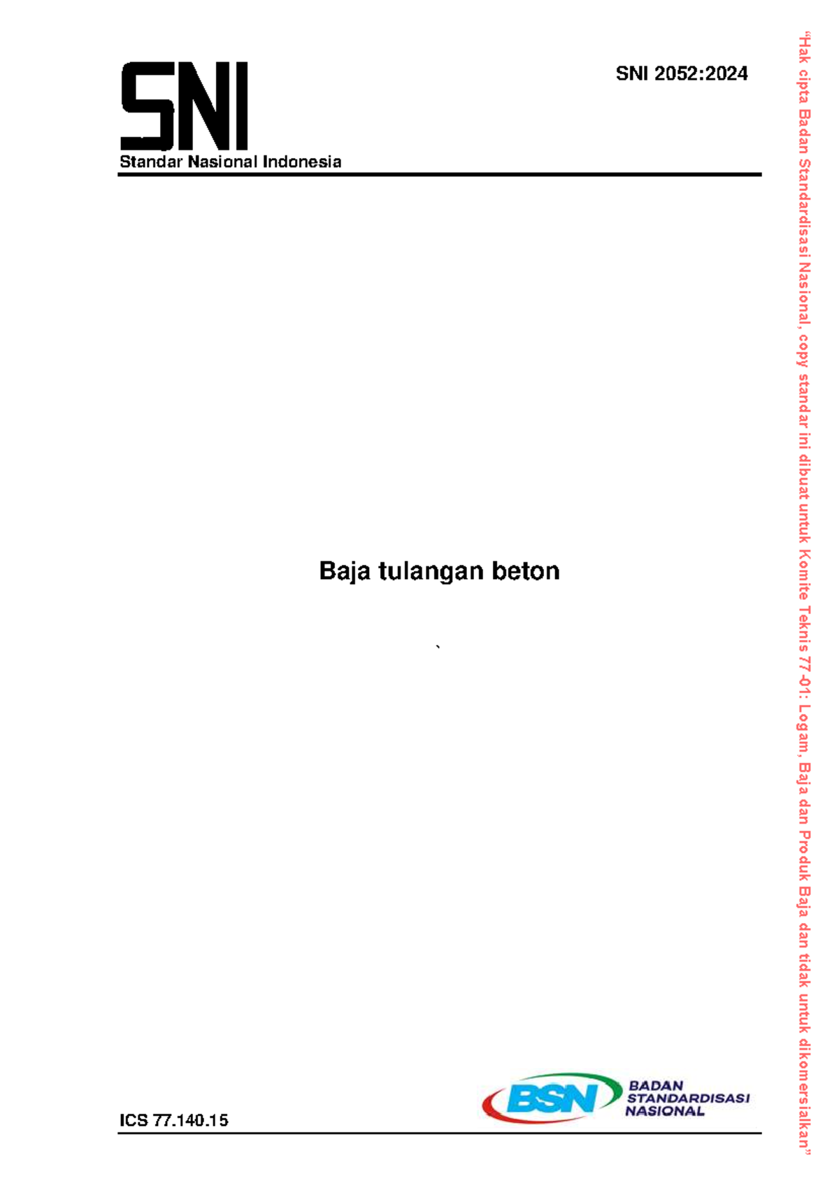 SNI 2052:2024 Standar Nasional Indonesia untuk Baja Tulangan Beton - Document Preview
