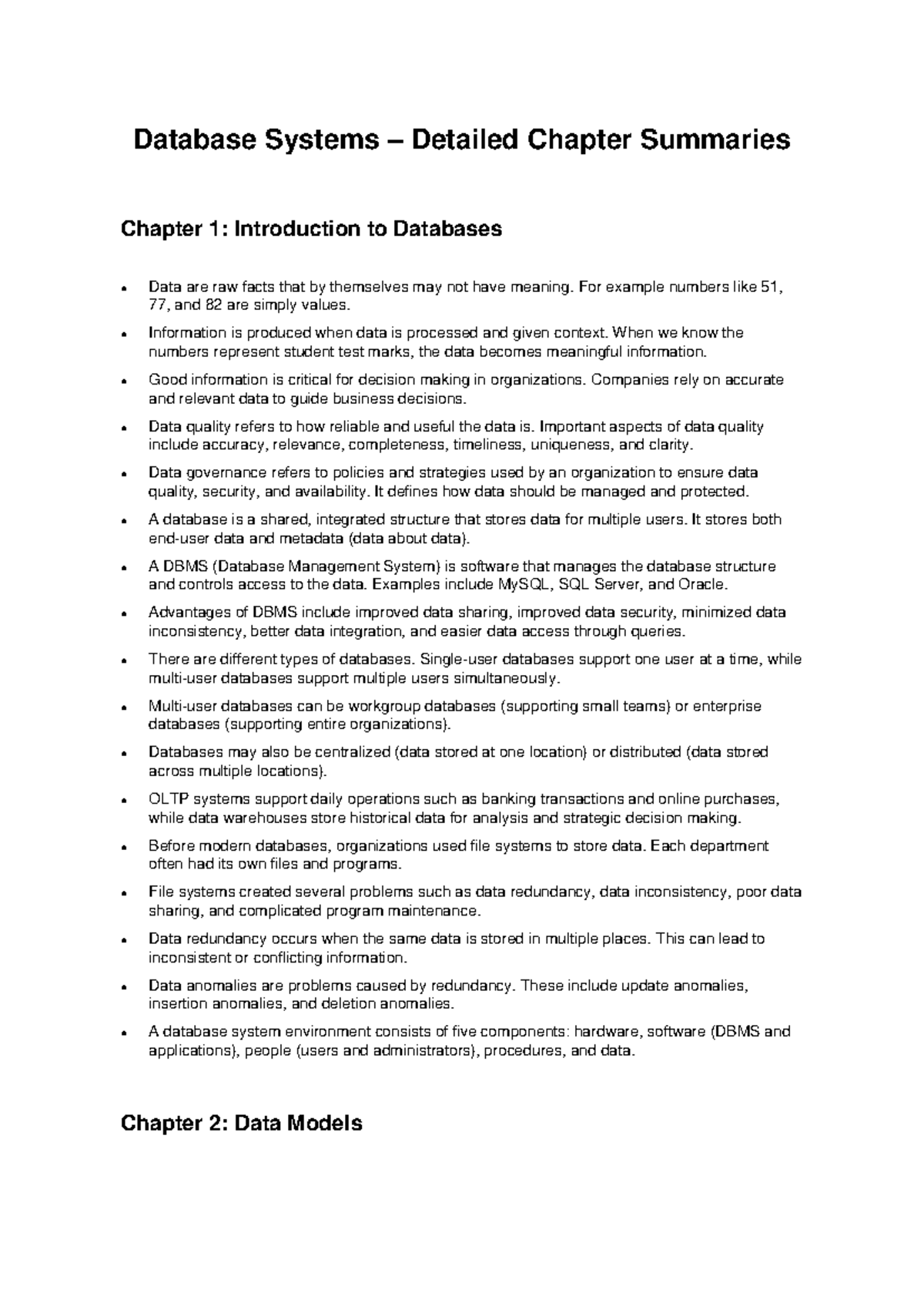 Database Systems (CS101) Detailed Chapter Summaries: Intro to Databases ...