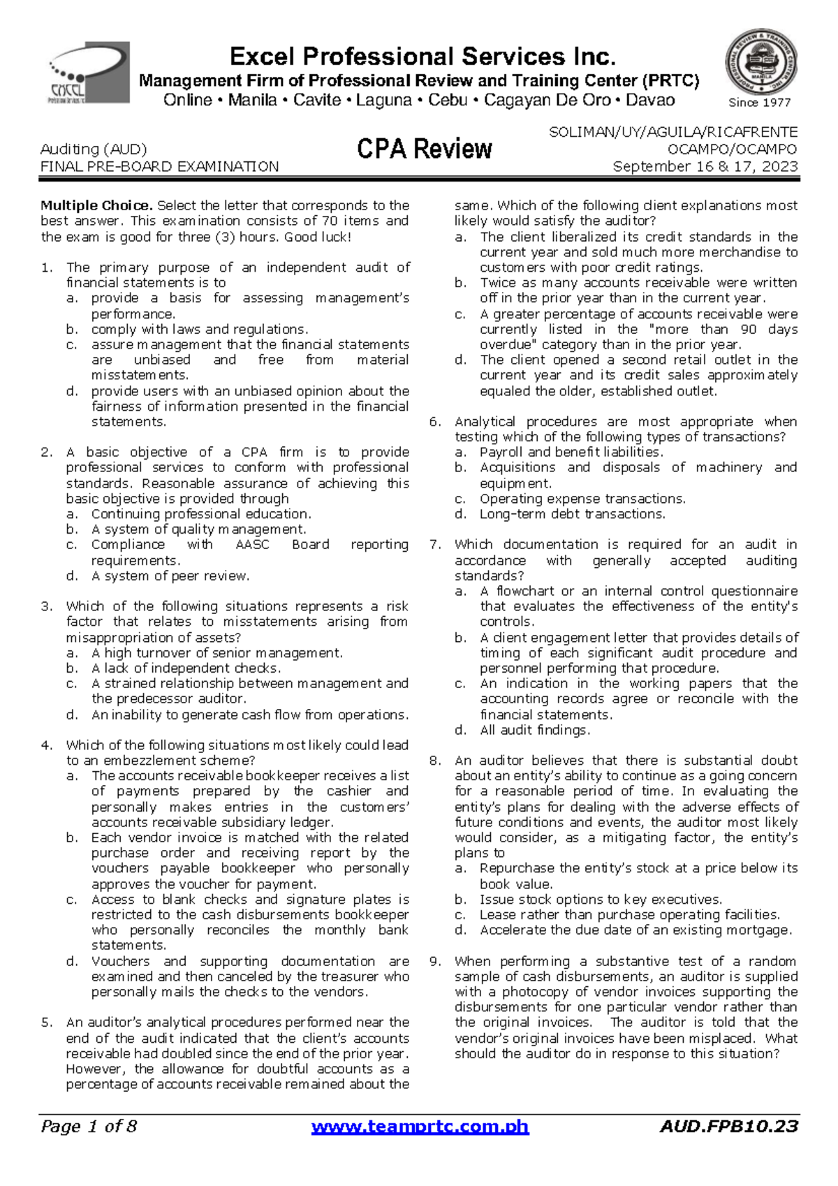 PRTC-AUD Final Exam Review: Comprehensive Multiple Choice Questions ...
