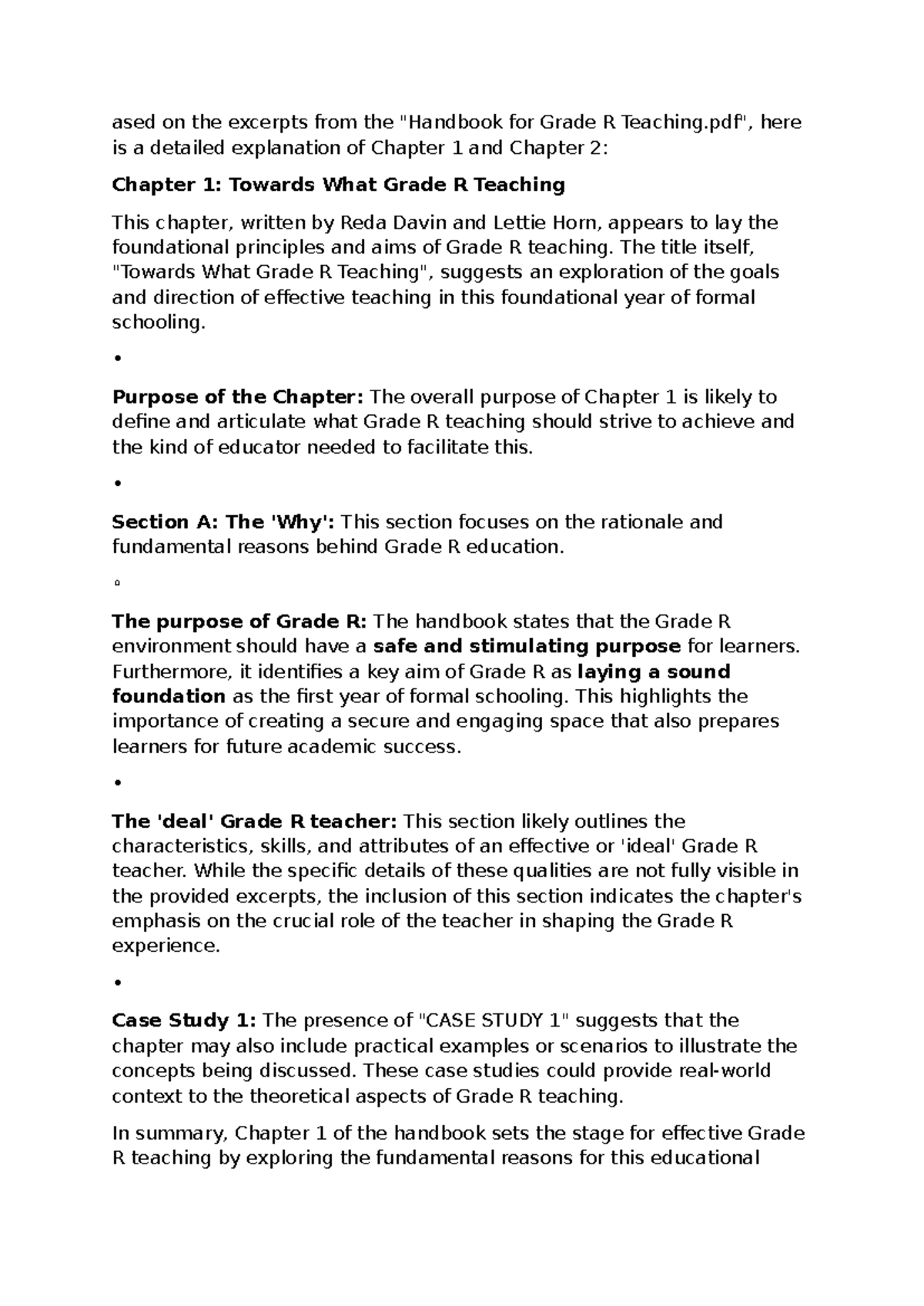 Grade R Teaching Handbook: Overview of Chapters 1 & 2 - Studocu