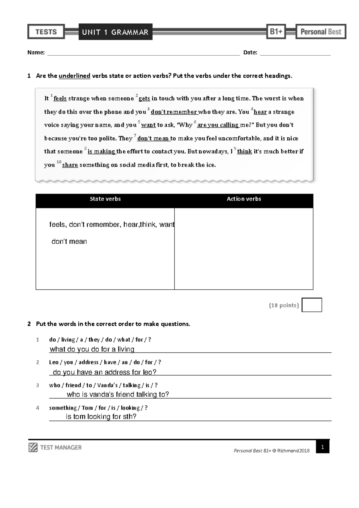 Personal Best B1 Unit 1 Grammar test - UNIT 1 GRAMMAR 1 Personal Best ...