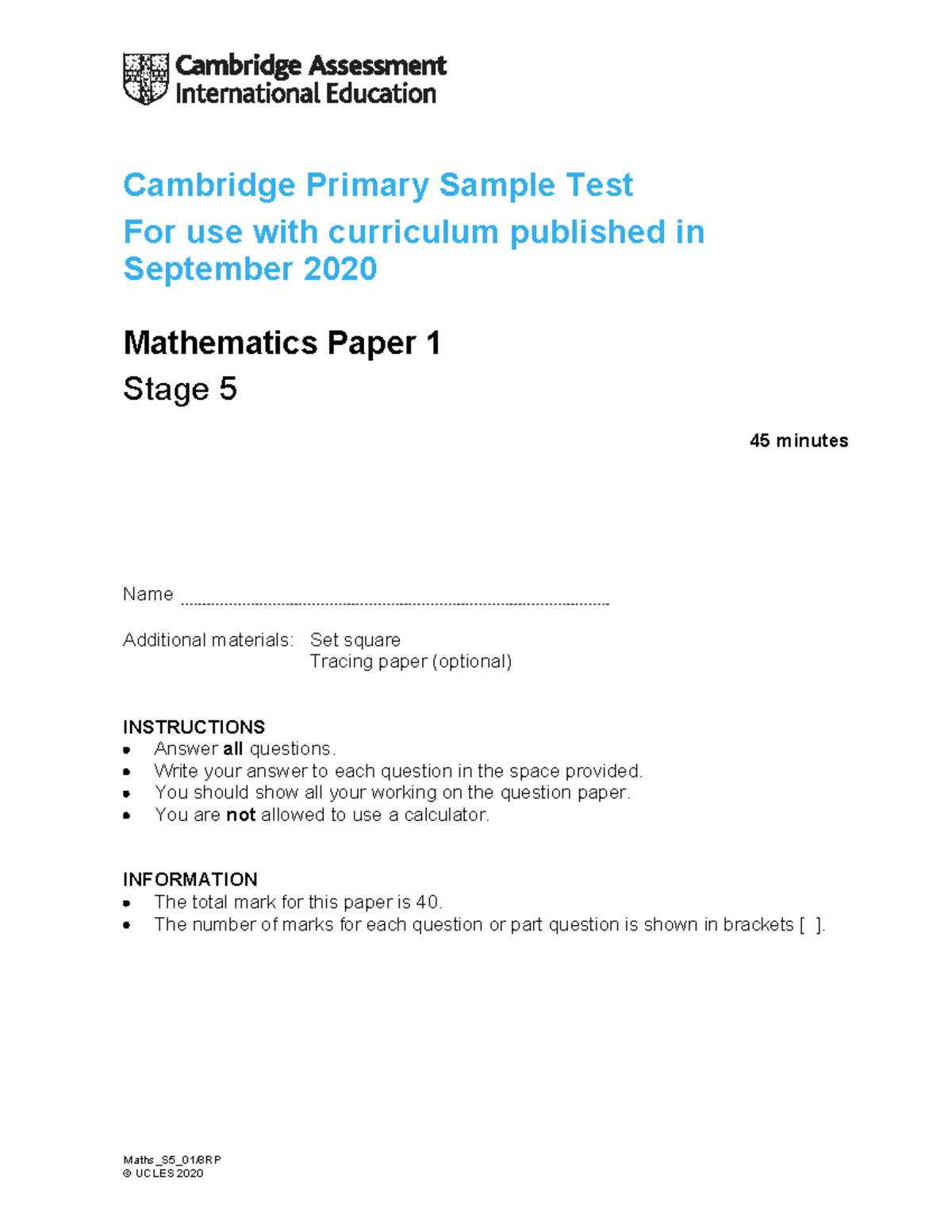Mathematics Stage 5 Sample Test Paper 1 tcm142-594998 - Studocu