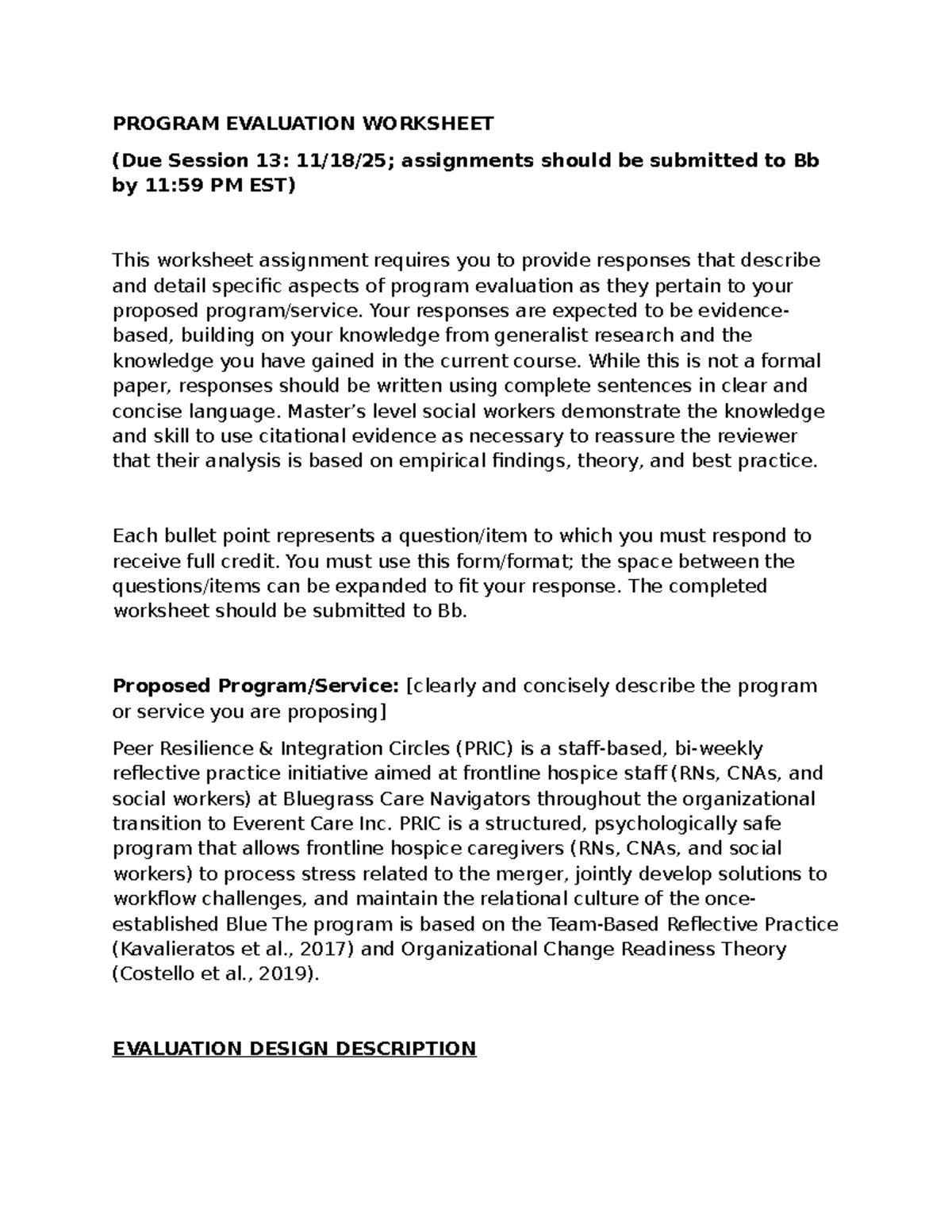 PROGRAM EVALUATION WORKSHEET: Peer Resilience Integration Circles (PRIC ...