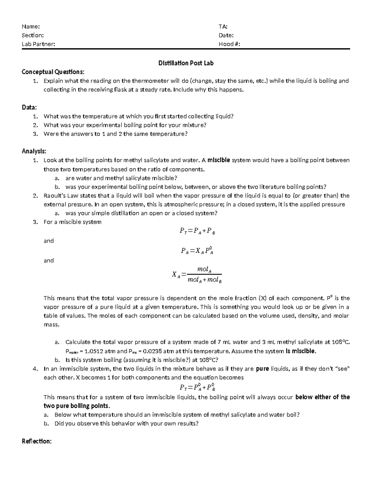 Su24 Distillation Post Lab: Analysis & Conceptual Questions - Studocu