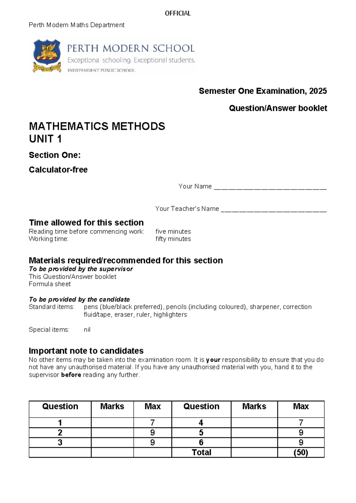 2025 PMS Yr 11 Mathematics Methods Semester 1 Exam Booklet - Studocu