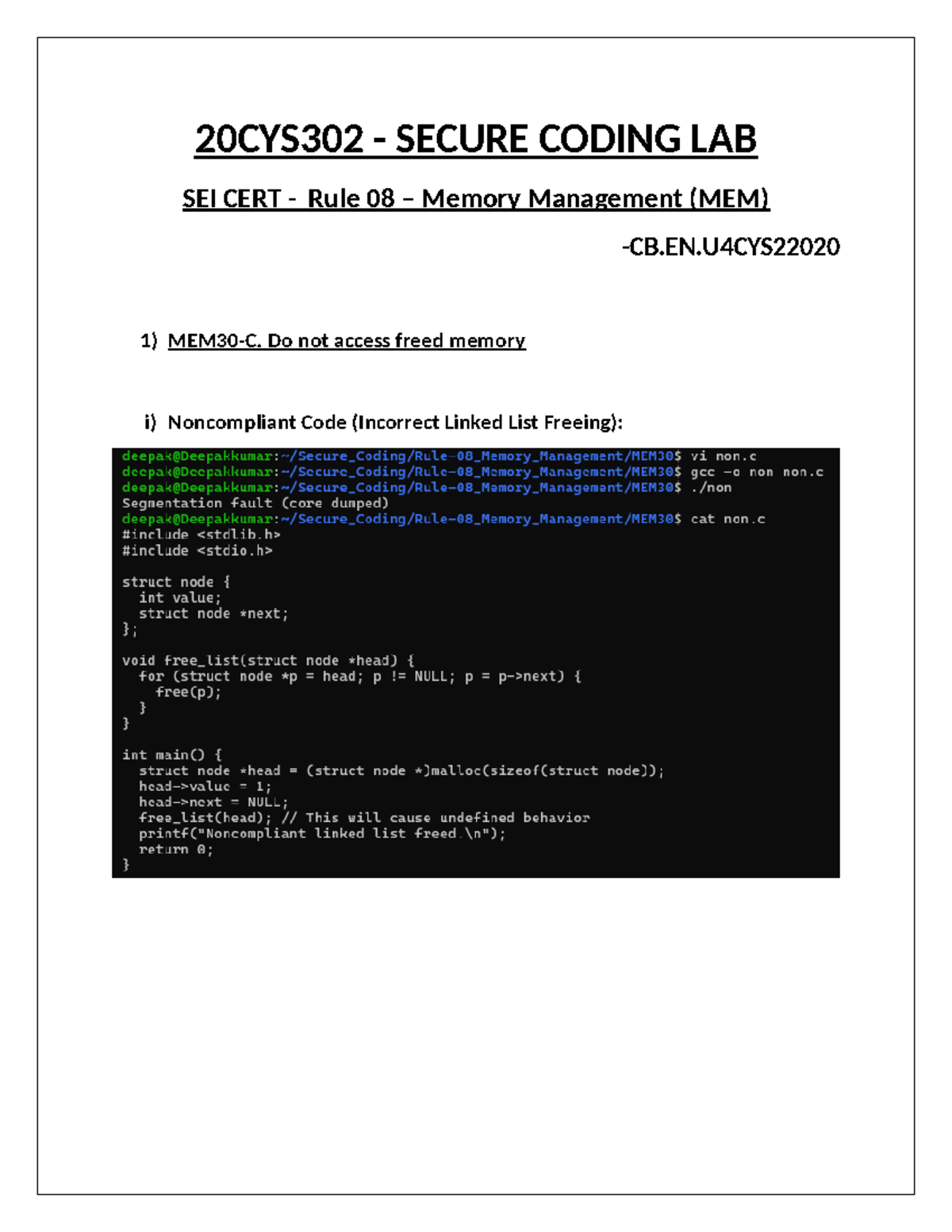 20CYS302 Secure Coding Memory Management - 20CYS302 - SECURE CODING LAB ...