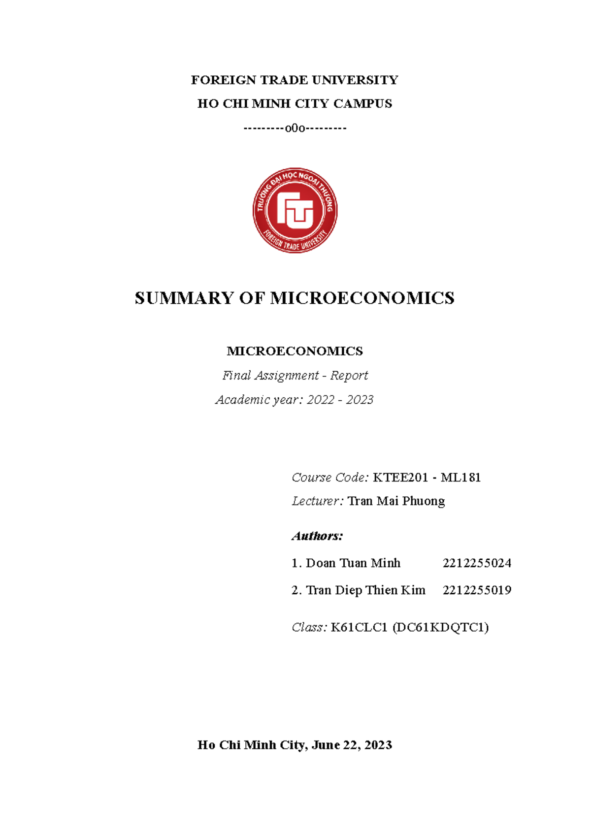 KTEE201 - ML: Final Report on Microeconomics Summary (2022-2023) - Studocu