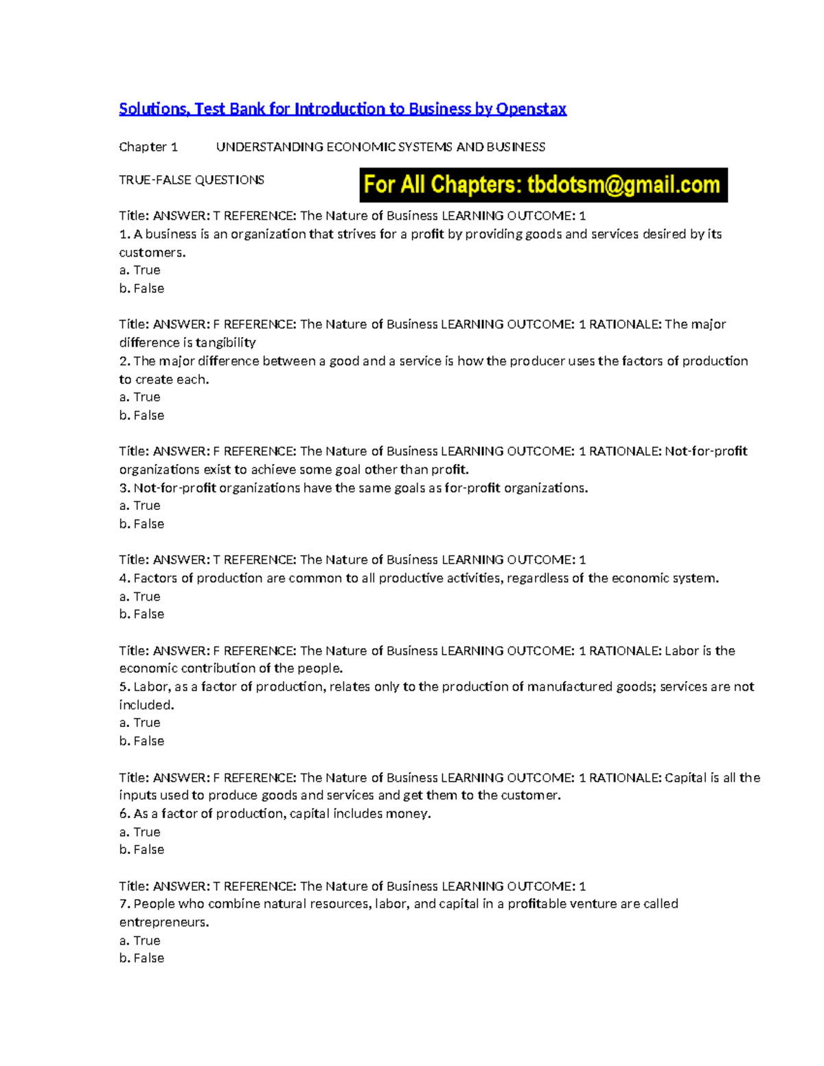 Test Bank for Introduction to Business (BUS 101) - Chapter 1 Solutions ...