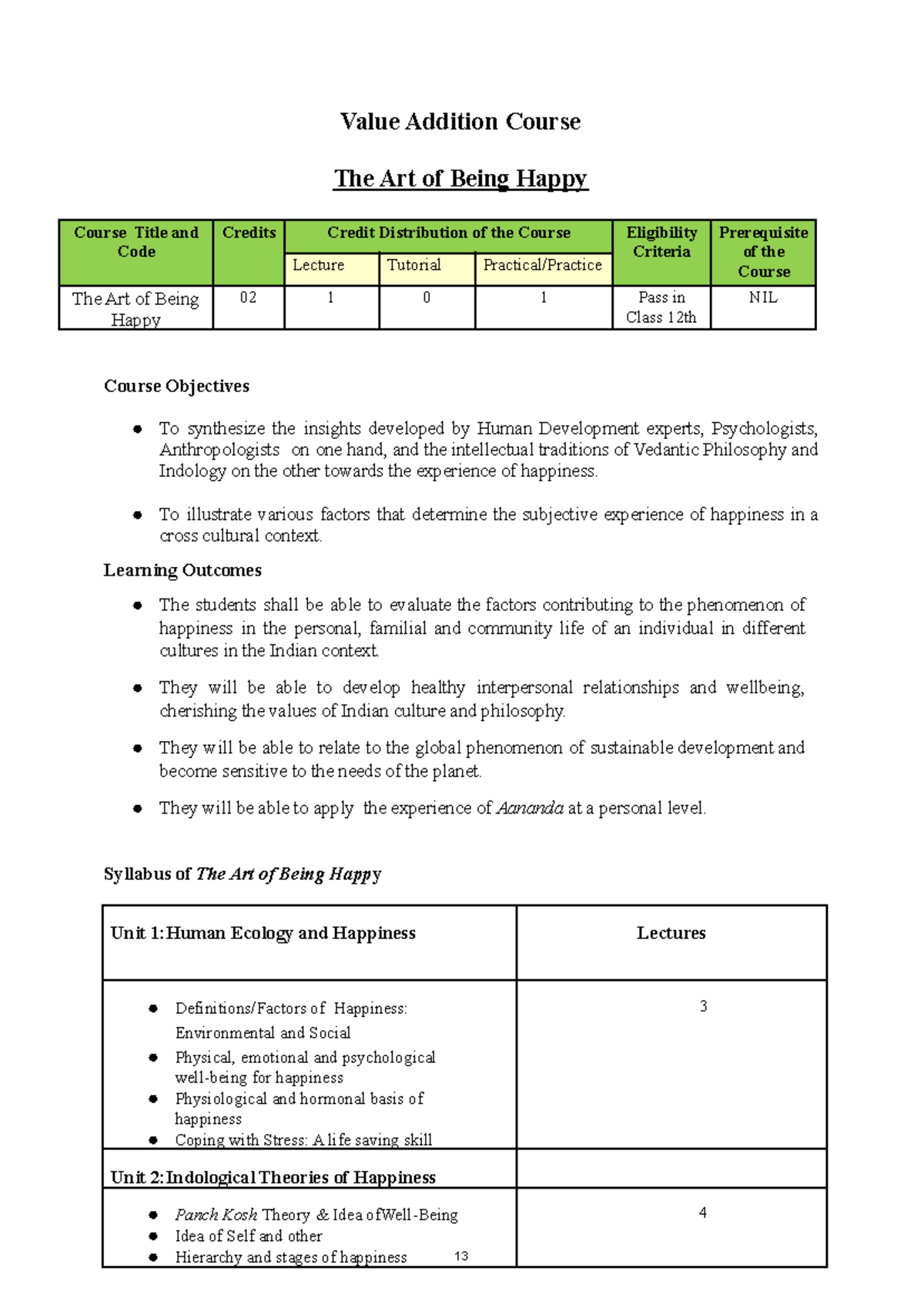 VAC Syllabus: The Art of Being Happy - Course Overview & Objectives ...
