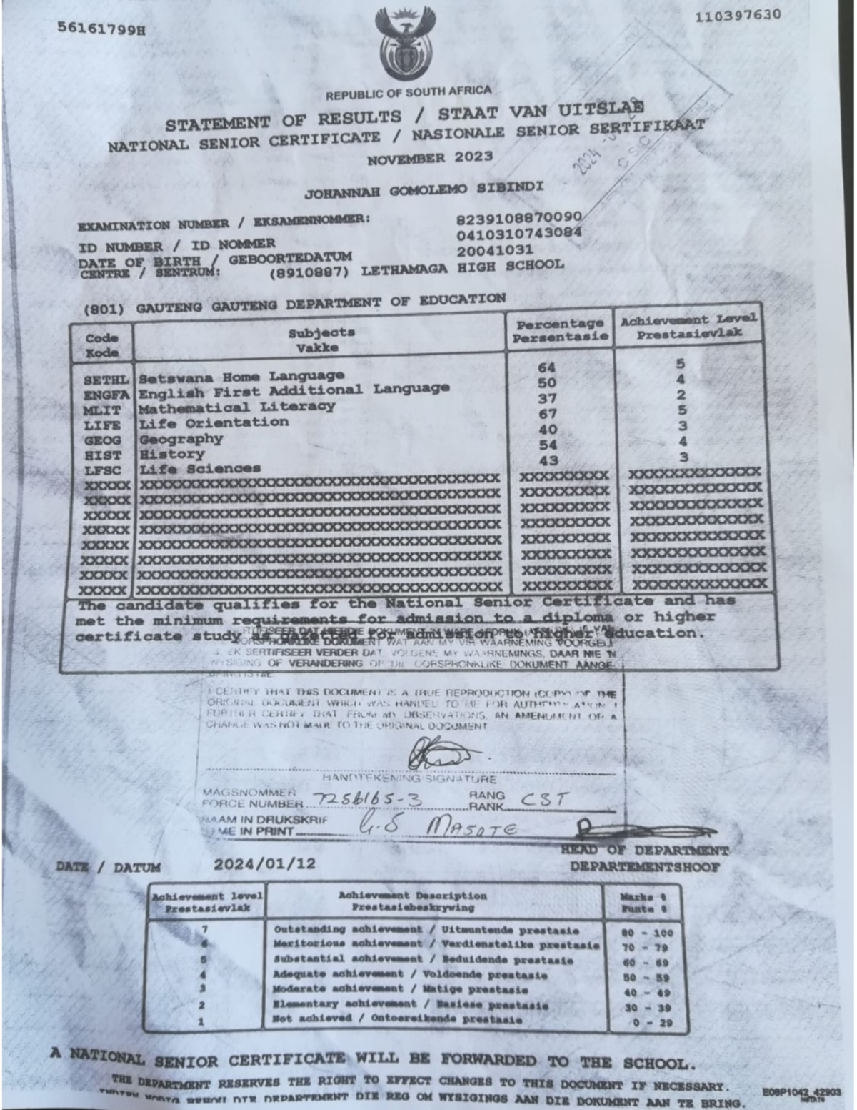 National Senior Certificate Results - November 2023 - Exam Number ...